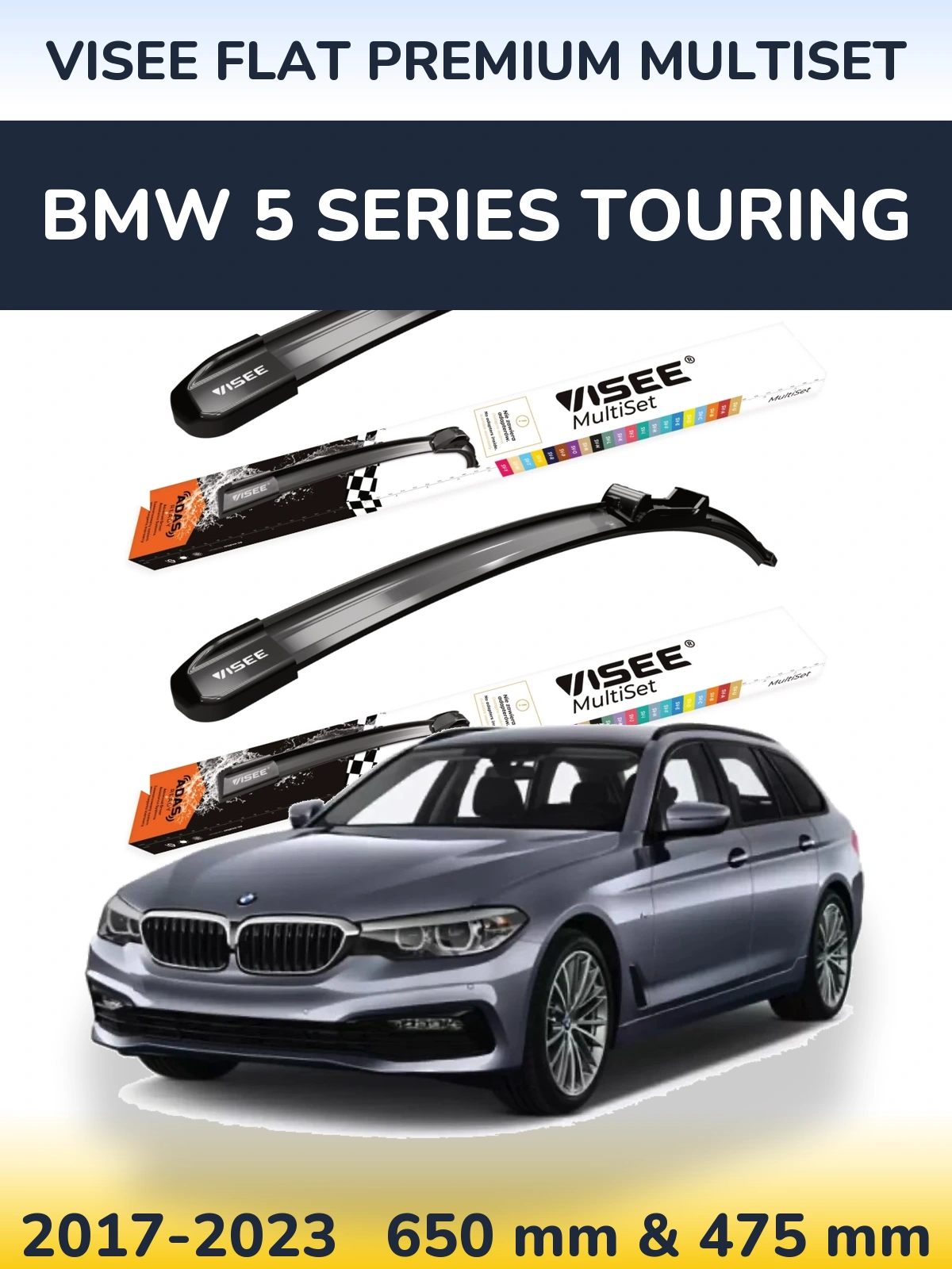 Front wiper blade set VISEE FLAT PREMIUM MultiSet 650 & 475 mm for BMW 5 Series Touring 2017-2023