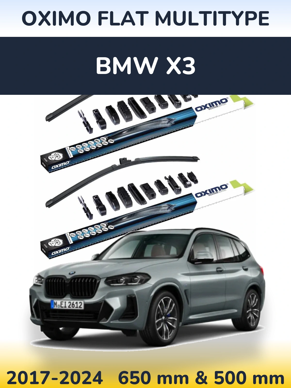 Front wiper blade set Oximo Flat MultiTypee 650 & 500 mm for BMW X3 2017-2024