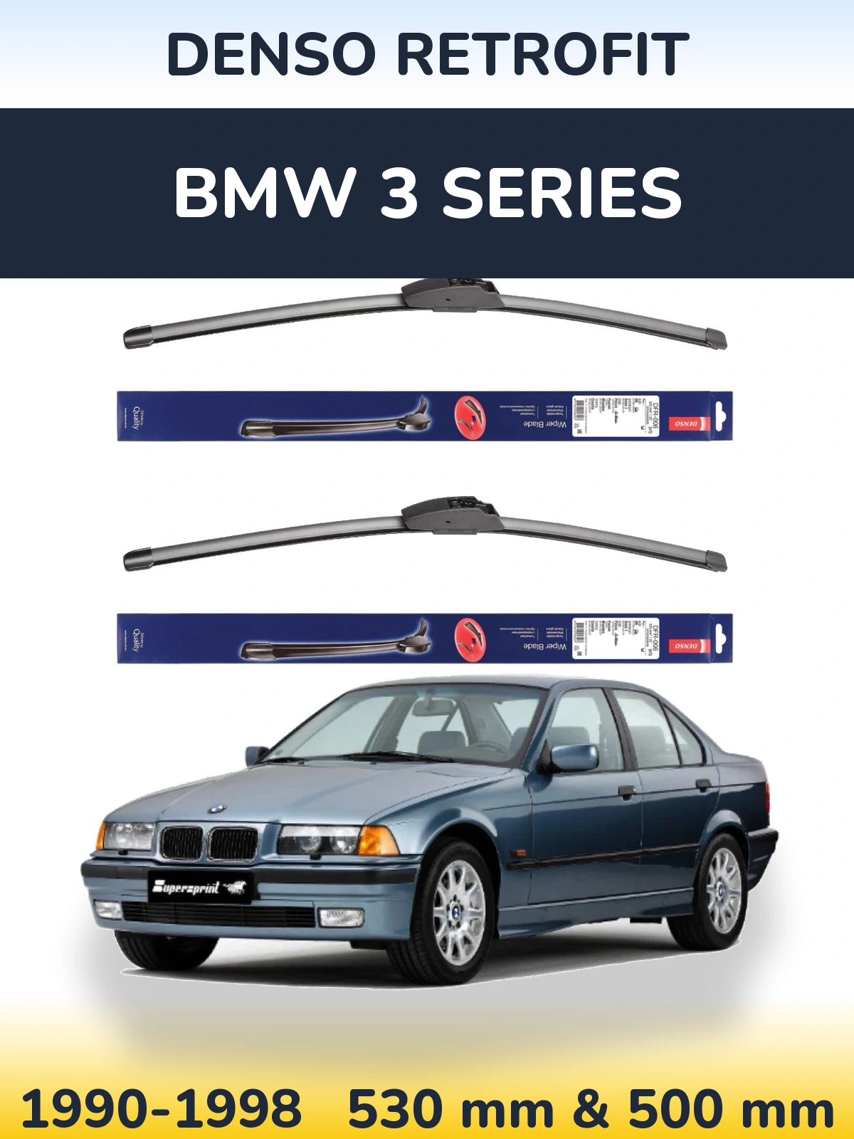 Front wiper blade set Denso Retrofit 530 & 500 mm for BMW 3 Series 1990-1998