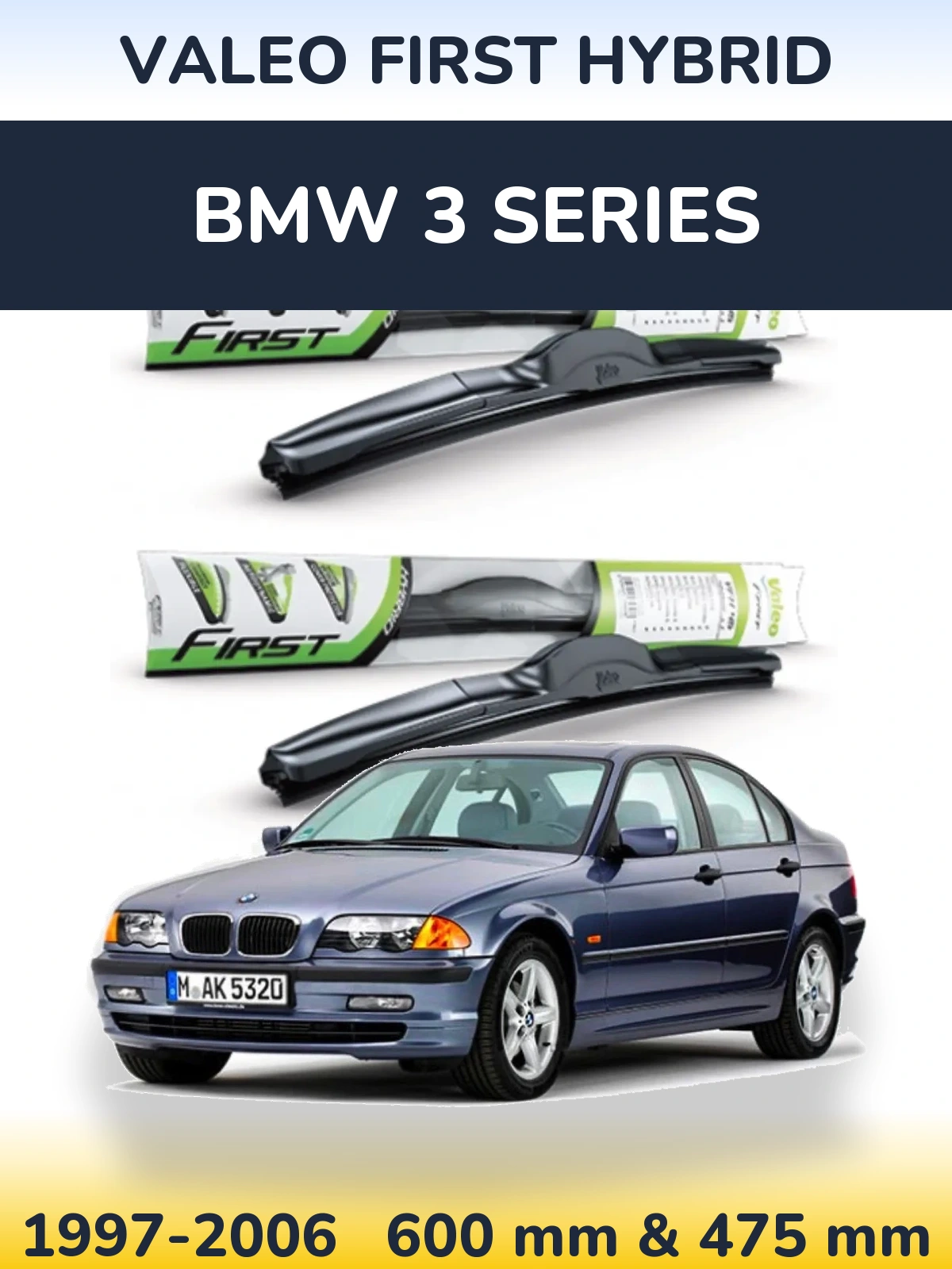 Front wiper blade set Valeo First Hybrid 600 & 475 mm for BMW 3 Series 1997-2006