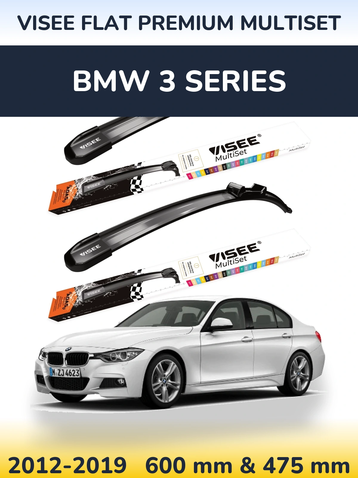 Front wiper blade set VISEE FLAT PREMIUM MultiSet 600 & 475 mm for BMW 3 Series 2012-2019