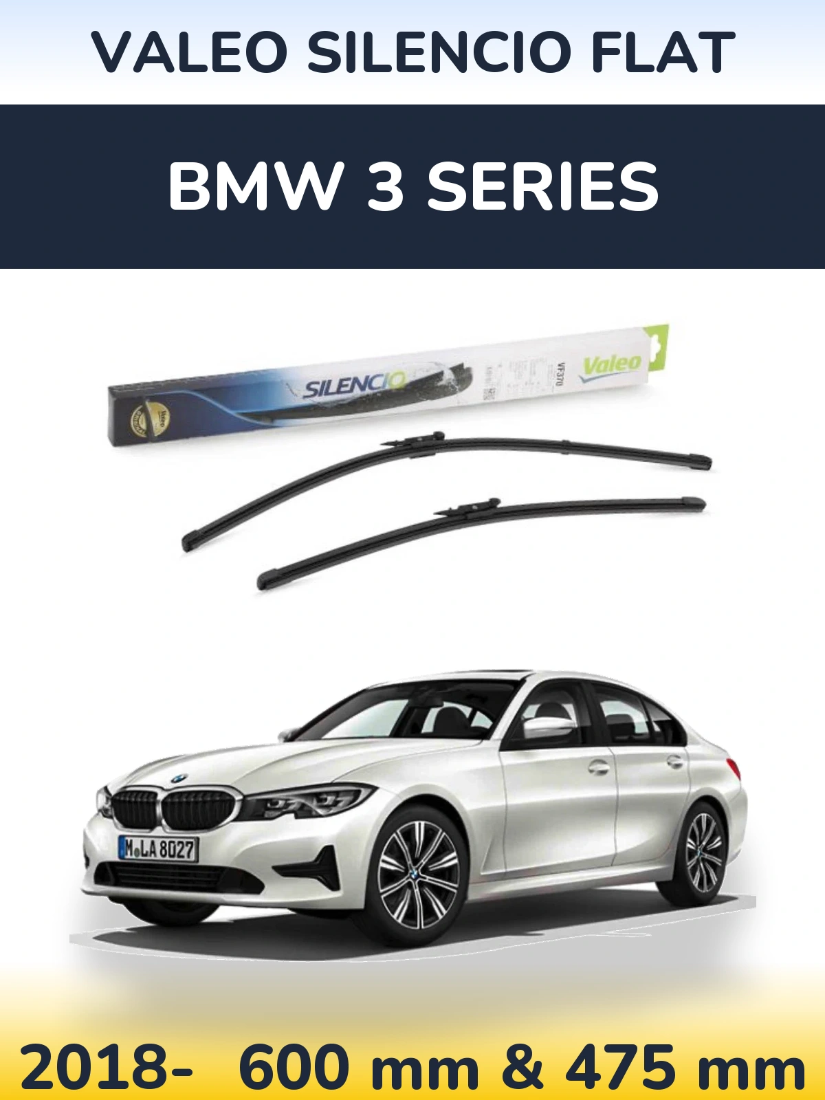 Front wiper blade set Valeo Silencio Flat 600 & 475 mm for BMW 3 Series 2018-2026