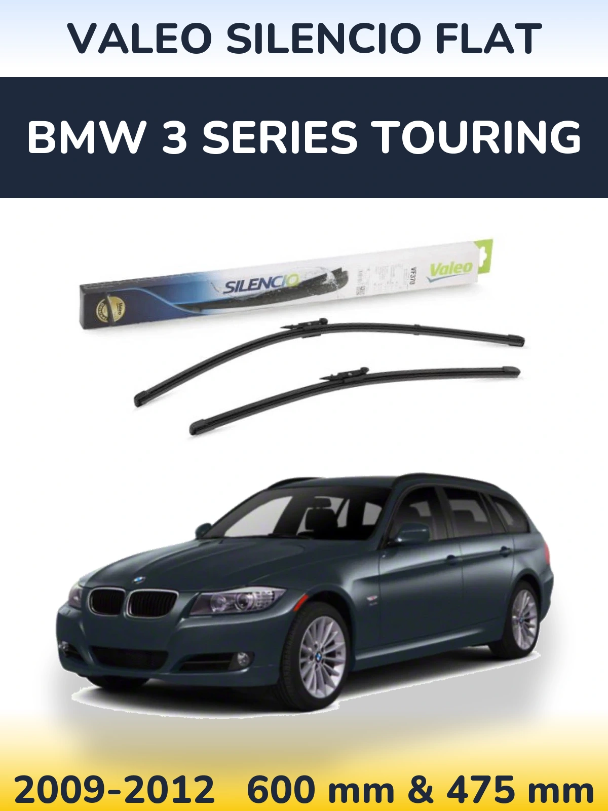 Front wiper blade set Valeo Silencio Flat 600 & 475 mm for BMW 3 Series Touring 2009-2012