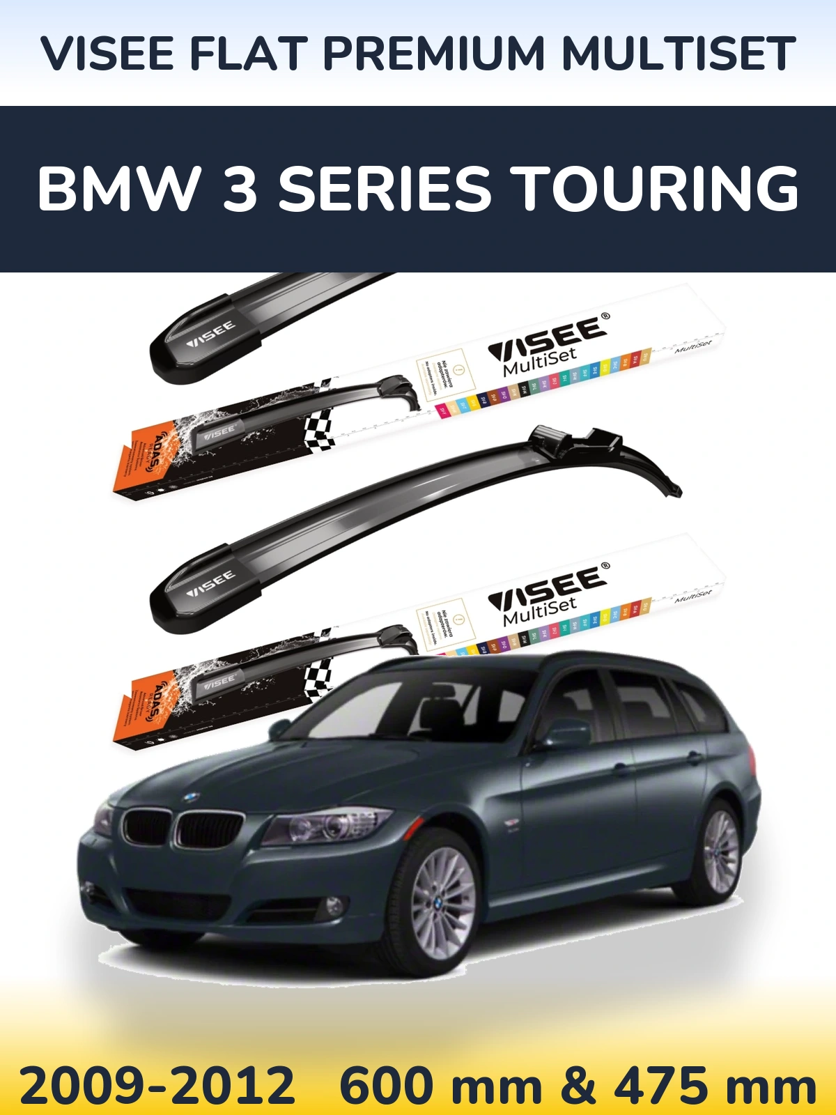 Front wiper blade set VISEE FLAT PREMIUM MultiSet 600 & 475 mm for BMW 3 Series Touring 2009-2012
