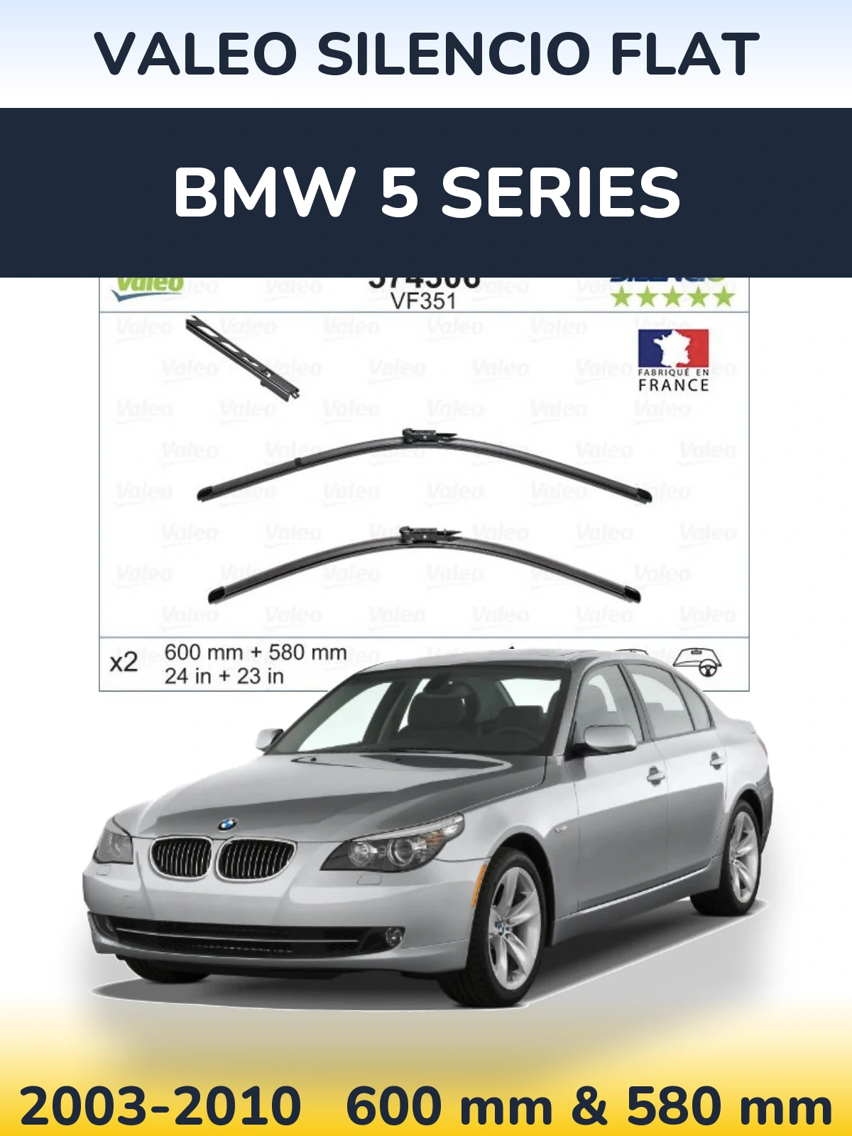 Front wiper blade set Valeo Silencio Flat 600 & 580 mm for BMW 5 Series 2003-2010
