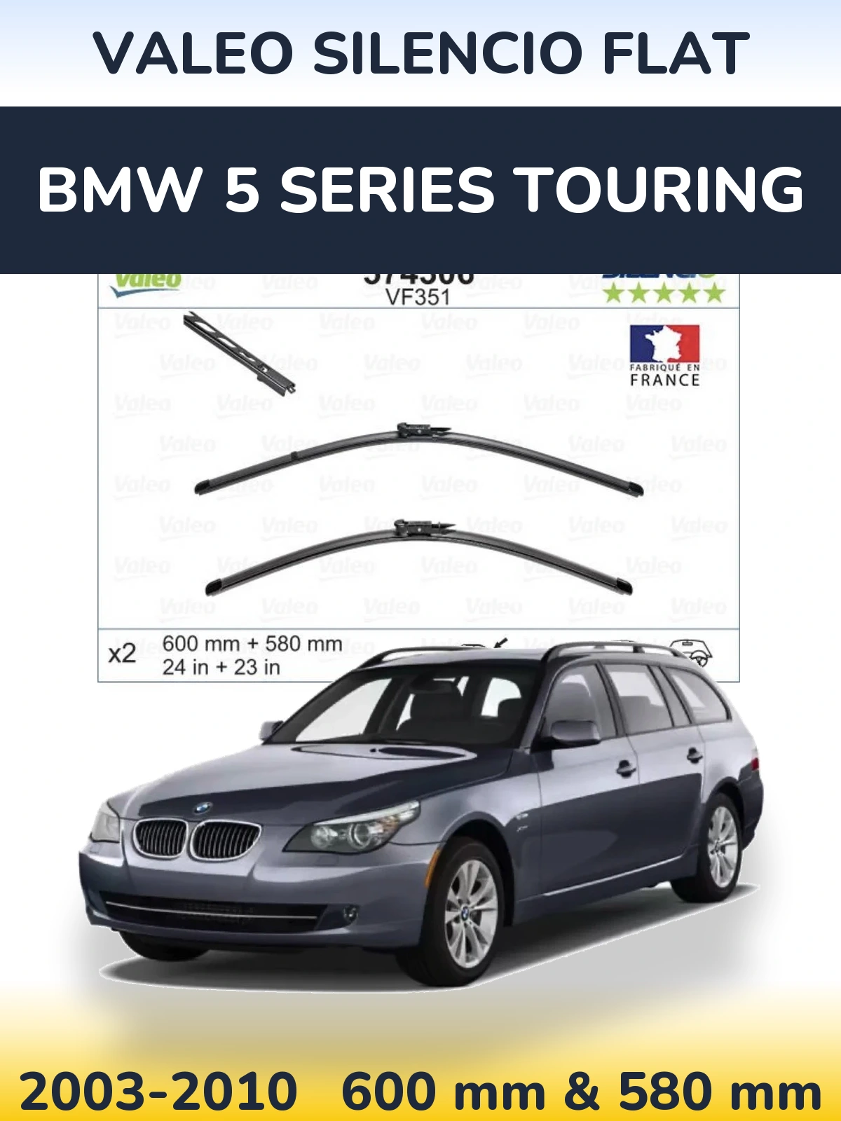 Комплект передніх щіток Valeo Silencio Flat 600 & 580 мм для BMW 5 Series Touring 2003-2010