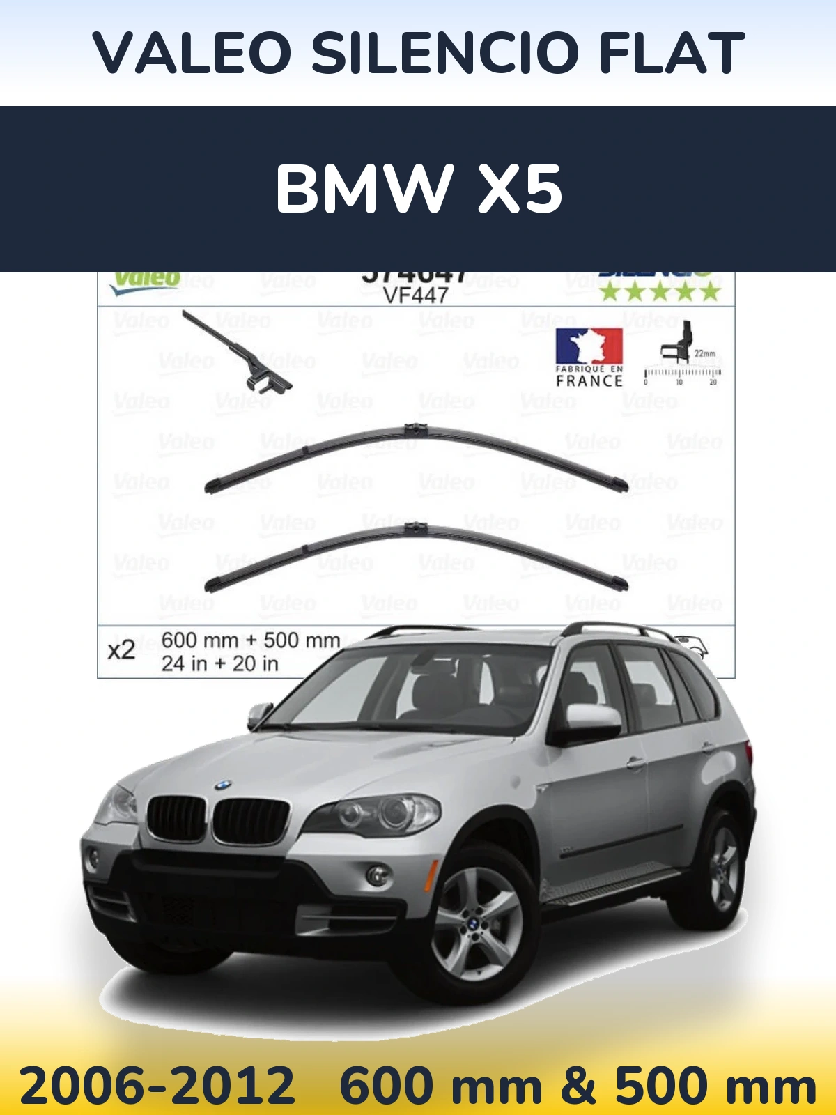 Front wiper blade set Valeo Silencio Flat 600 & 500 mm for BMW X5 2006-2012