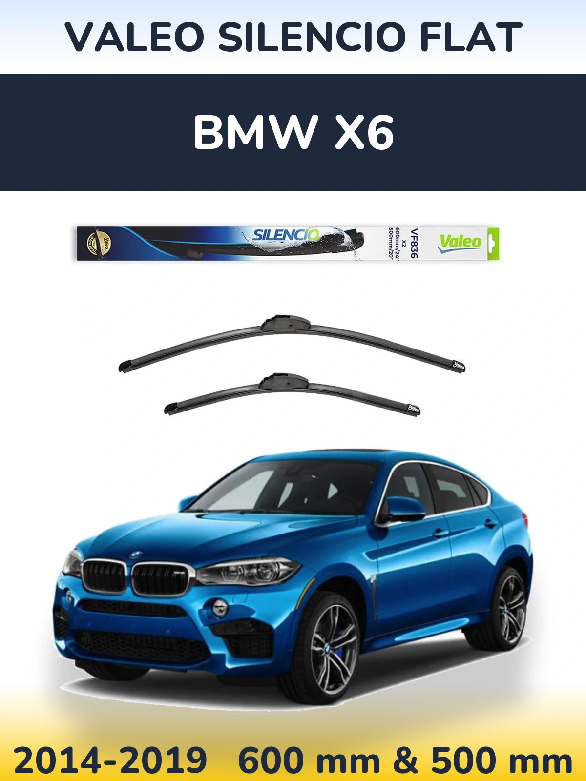 Front wiper blade set Valeo Silencio Flat 600 & 500 mm for BMW X6 2014-2019