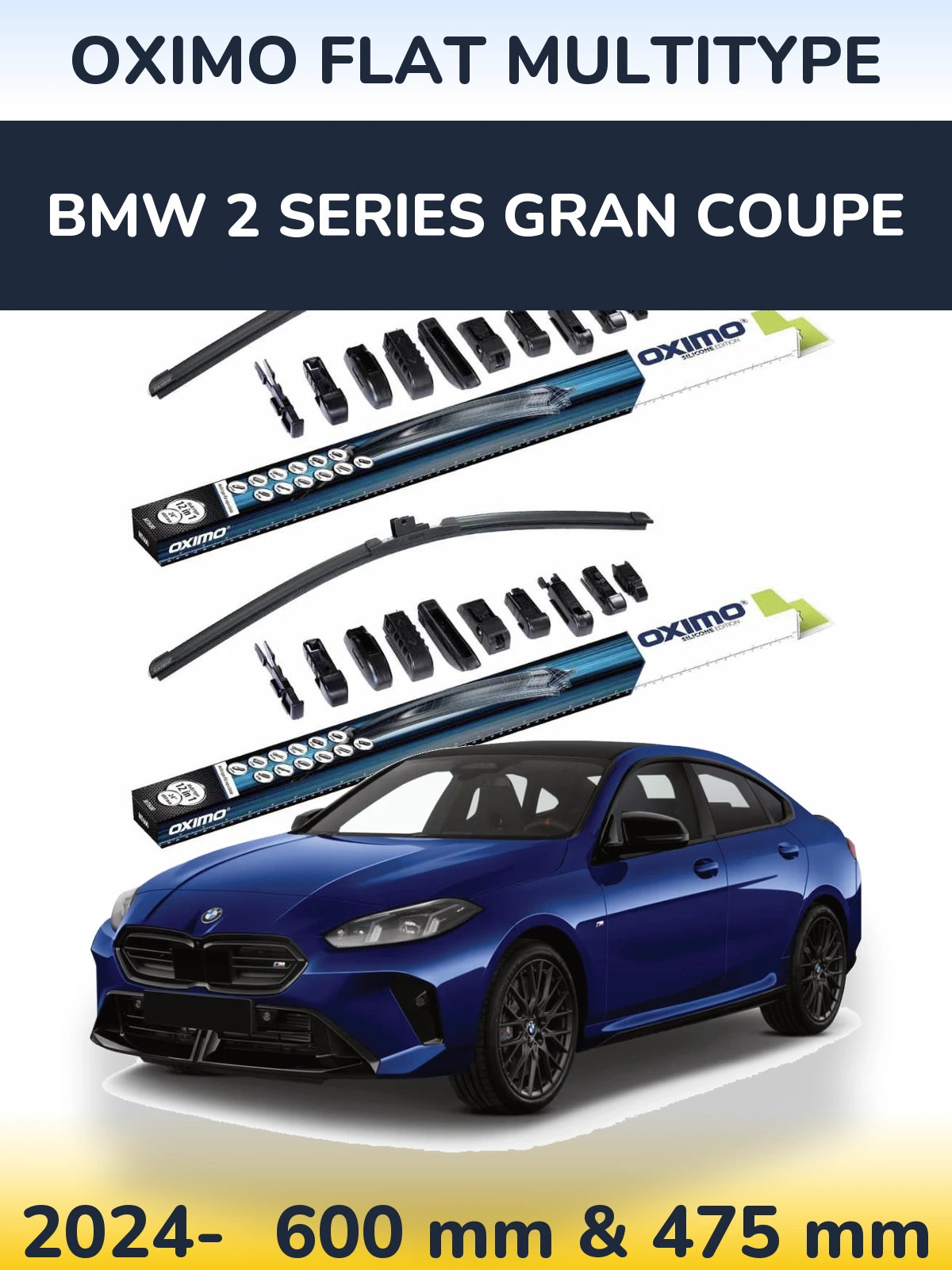 Front wiper blade set Oximo Flat MultiTypee 600 & 475 mm for BMW 2 Series Gran Coupe 2024-2026
