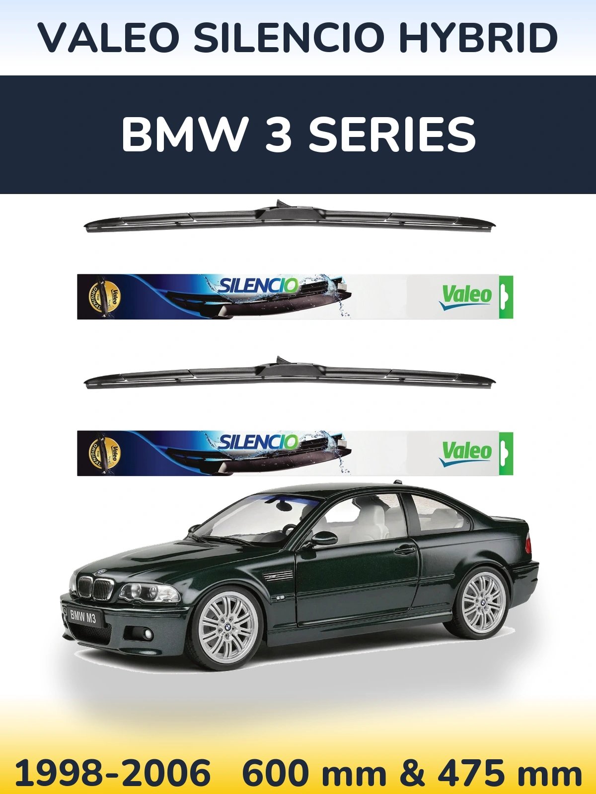 Front wiper blade set Valeo Silencio Hybrid 600 & 475 mm for BMW 3 Series 1998-2006