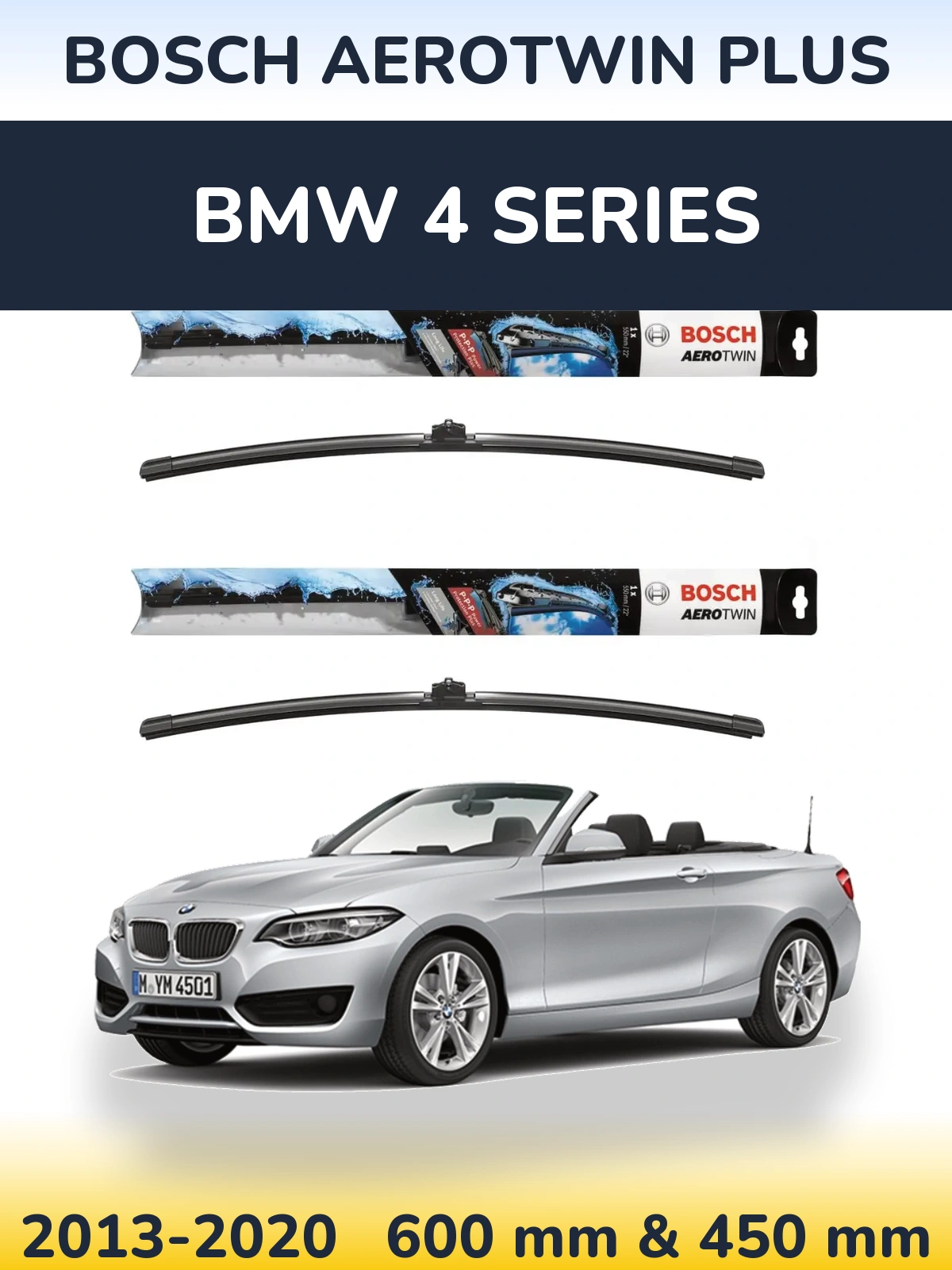 Front wiper blade set BOSCH AeroTwin Plus 600 & 450 mm for BMW 4 Series 2013-2020