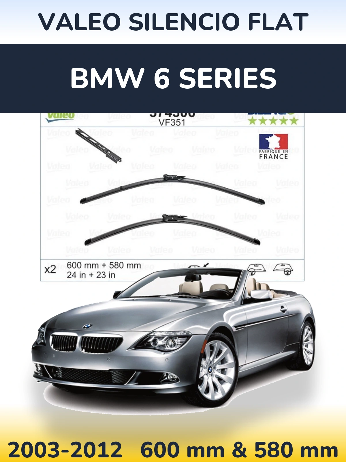 Front wiper blade set Valeo Silencio Flat 600 & 580 mm for BMW 6 Series 2003-2012