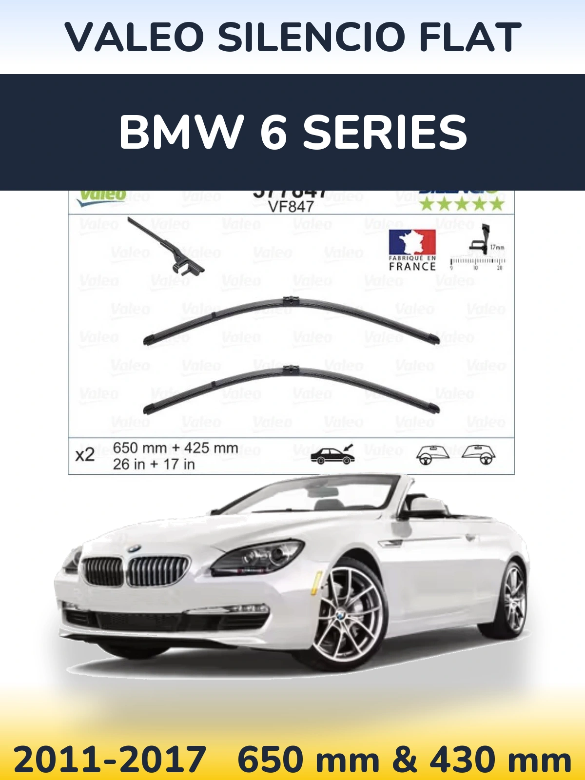 Front wiper blade set Valeo Silencio Flat 650 & 430 mm for BMW 6 Series 2011-2017
