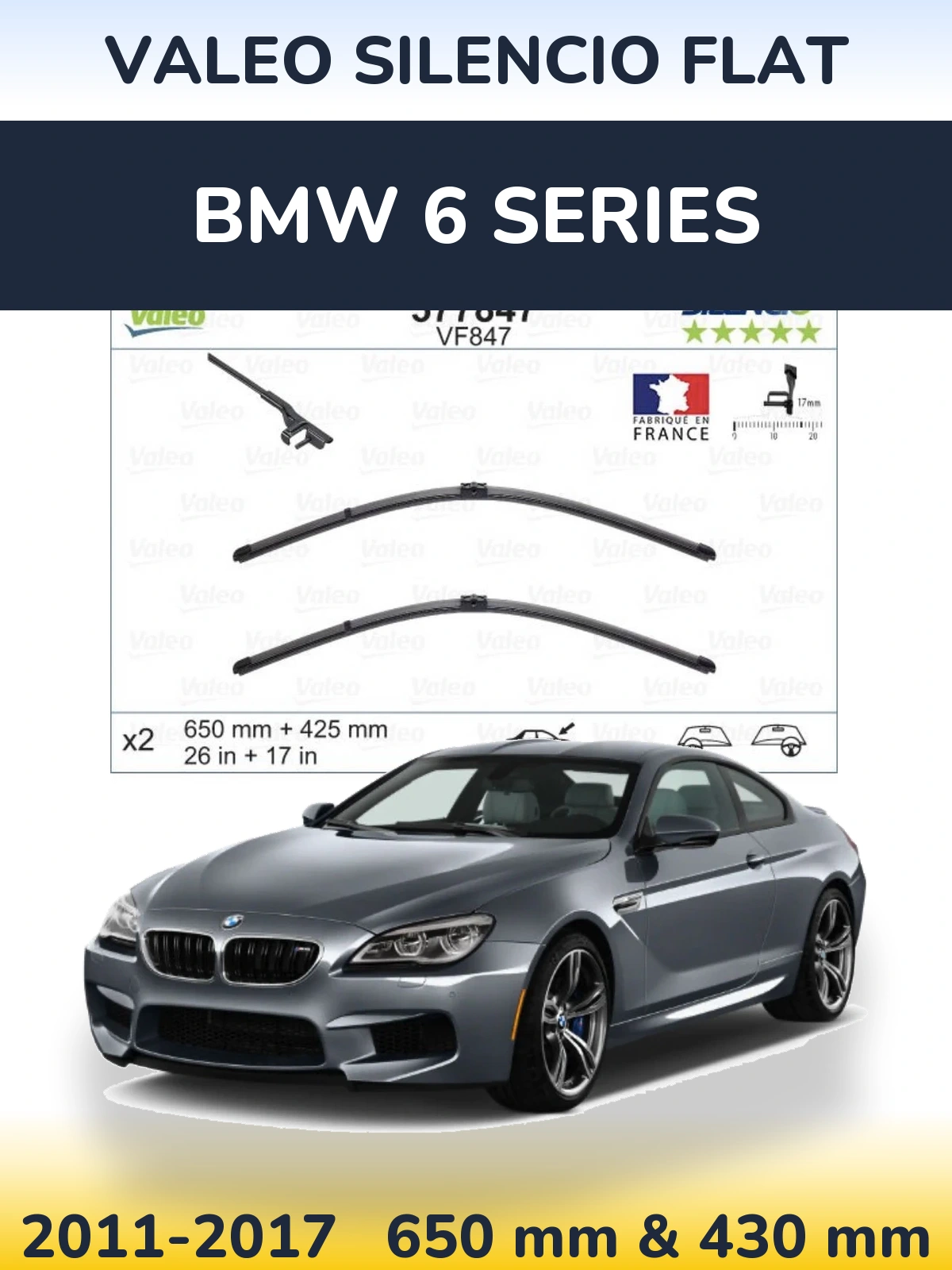 Front wiper blade set Valeo Silencio Flat 650 & 430 mm for BMW 6 Series 2011-2017