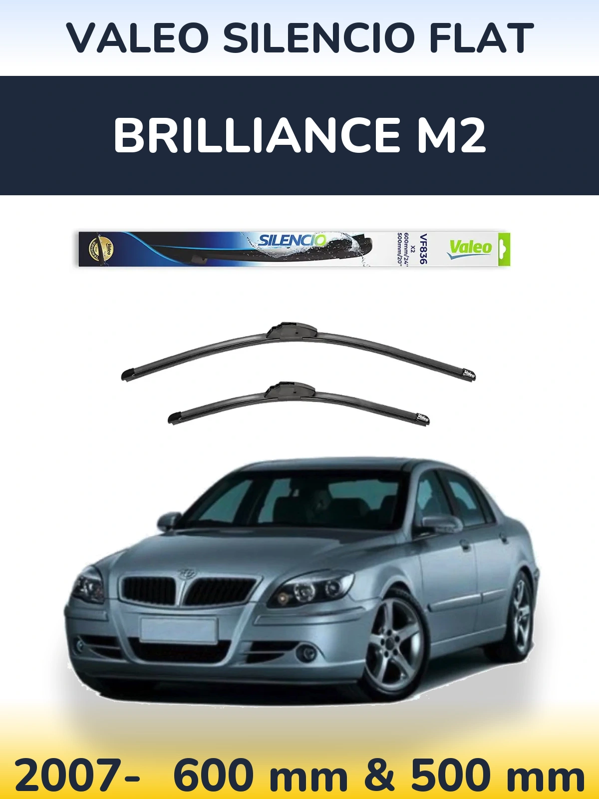 Front wiper blade set Valeo Silencio Flat 600 & 500 mm for Brilliance M2 2007-2026