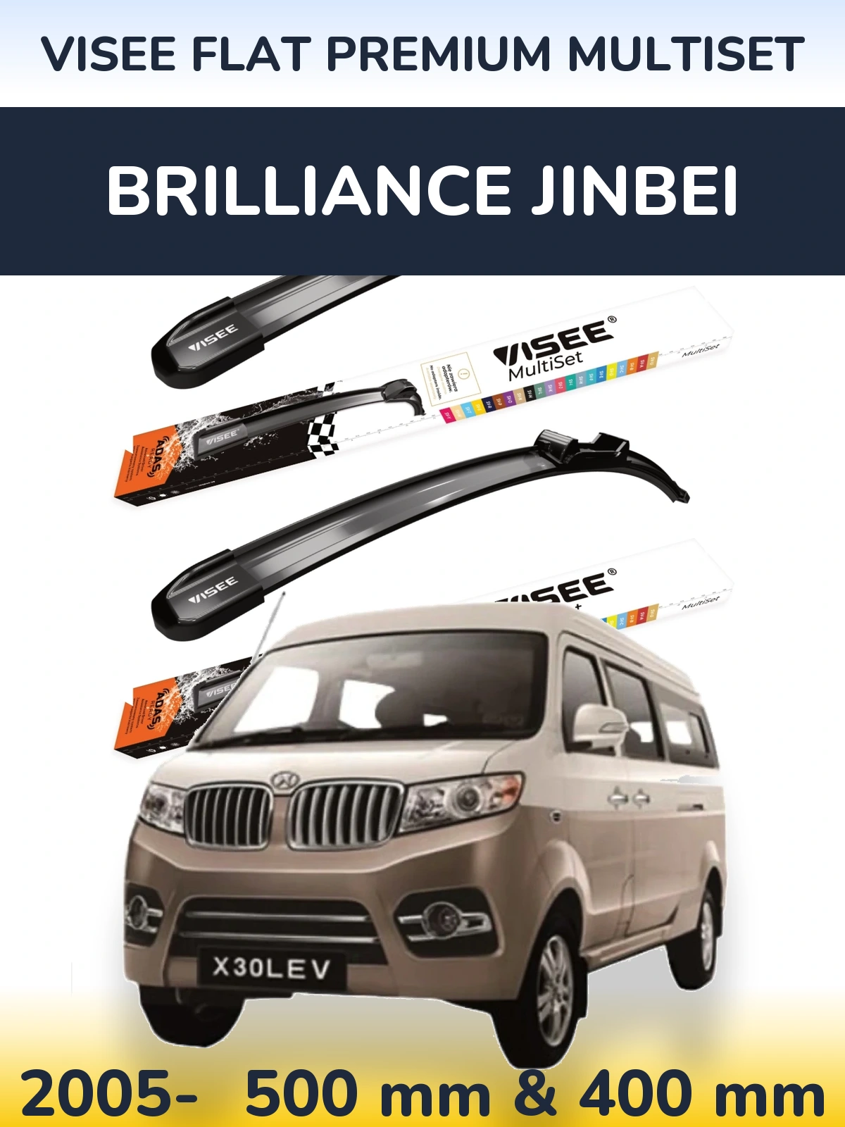 Front wiper blade set VISEE FLAT PREMIUM MultiSet 500 & 400 mm for Brilliance Jinbei 2005-2026
