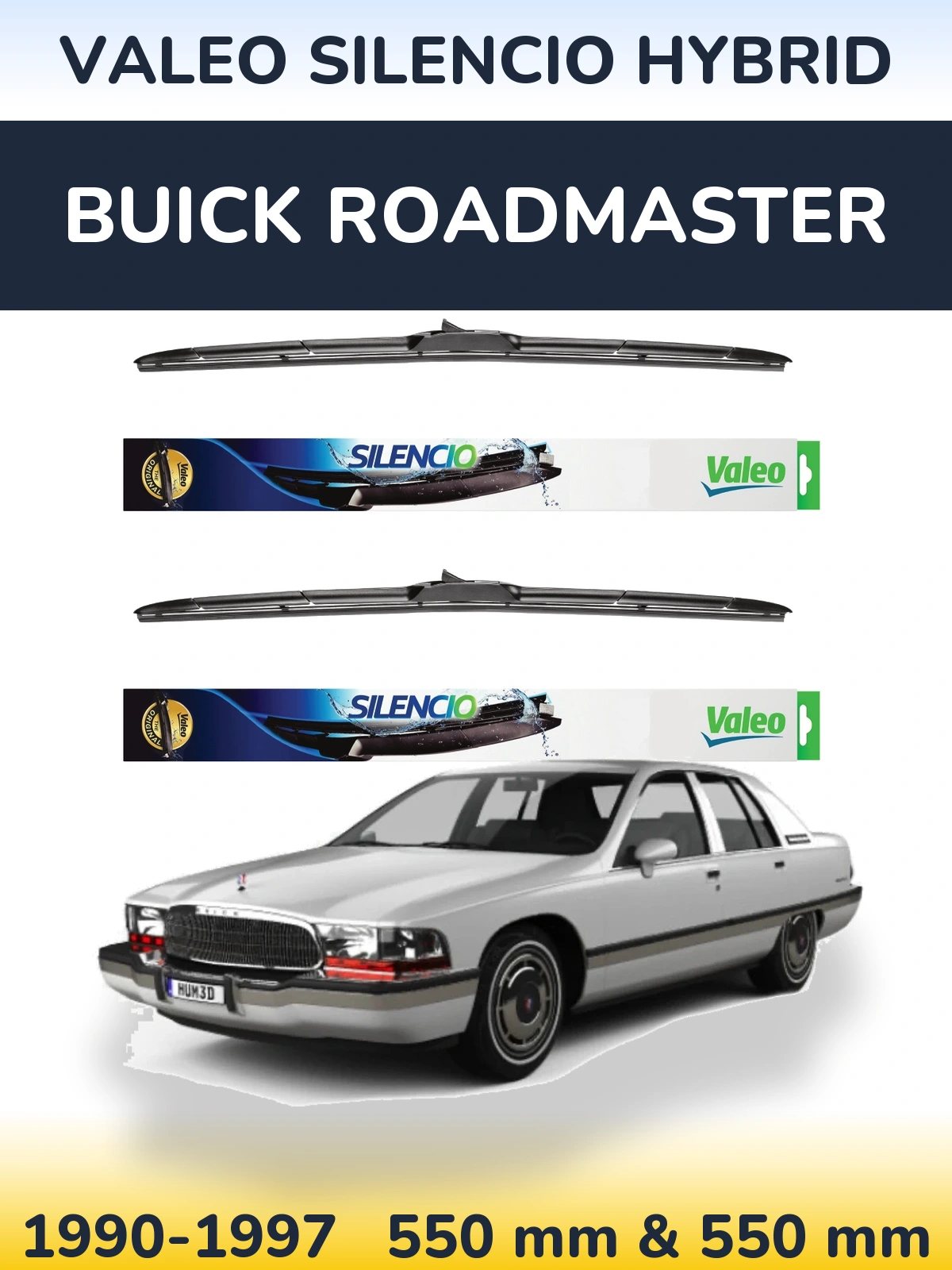 Front wiper blade set Valeo Silencio Hybrid 550 & 550 mm for Buick Roadmaster 1990-1997