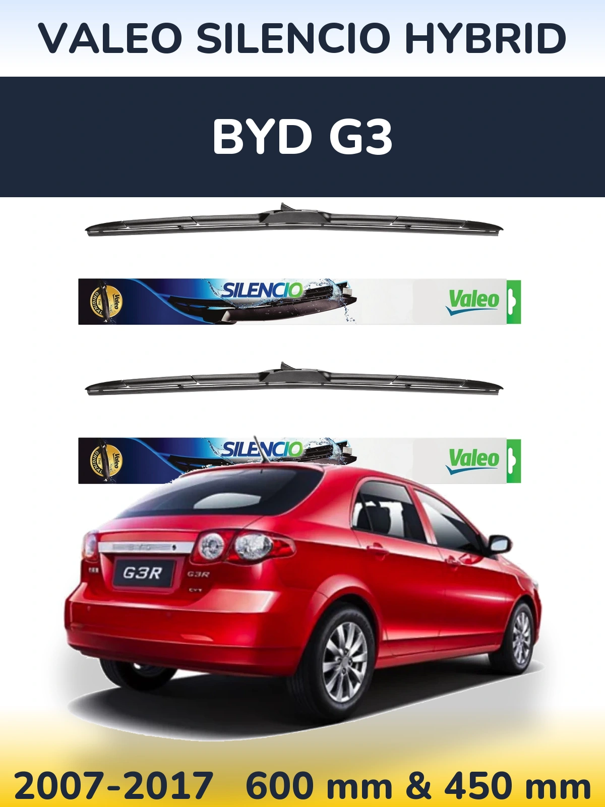 Front wiper blade set Valeo Silencio Hybrid 600 & 450 mm for BYD G3 2007-2017