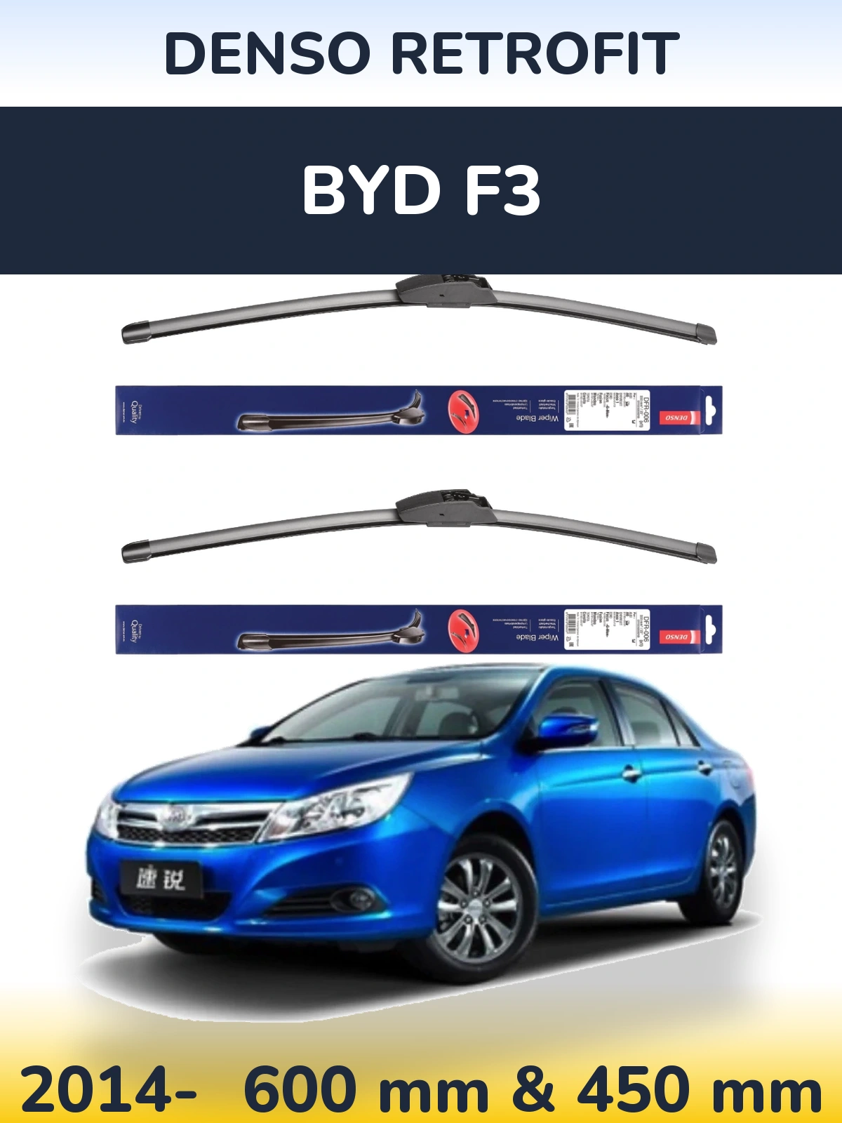 Front wiper blade set Denso Retrofit 600 & 450 mm for BYD F3 2014-2026