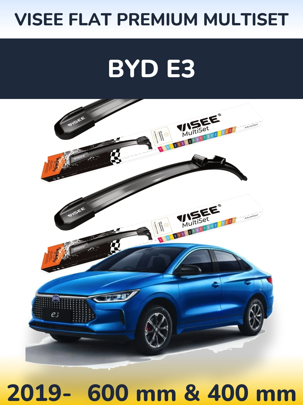 Front wiper blade set VISEE FLAT PREMIUM MultiSet 600 & 400 mm for BYD E3 2019-2026