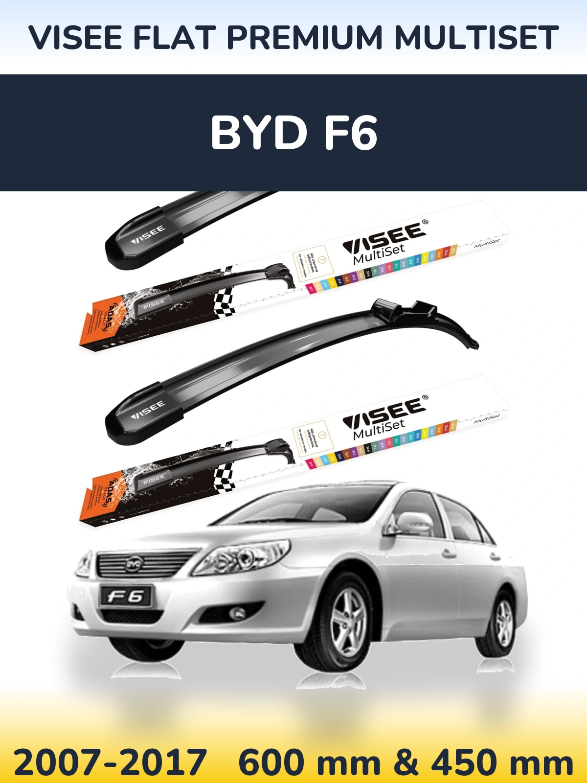 Front wiper blade set VISEE FLAT PREMIUM MultiSet 600 & 450 mm for BYD F6 2007-2017
