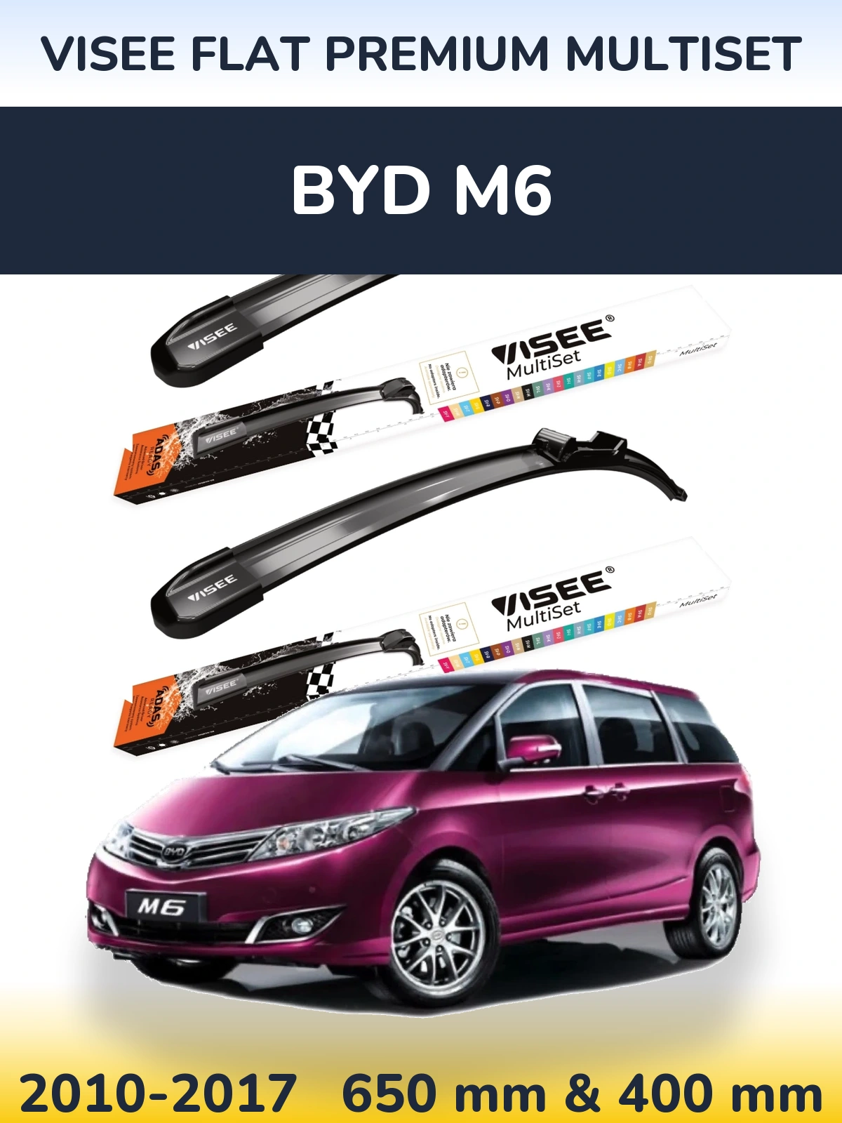 Front wiper blade set VISEE FLAT PREMIUM MultiSet 650 & 400 mm for BYD M6 2010-2017
