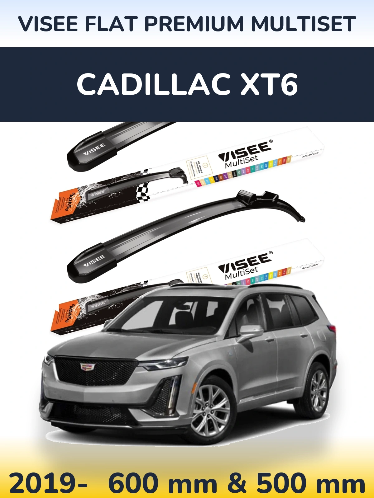 Front wiper blade set VISEE FLAT PREMIUM MultiSet 600 & 500 mm for Cadillac XT6 2019-2026