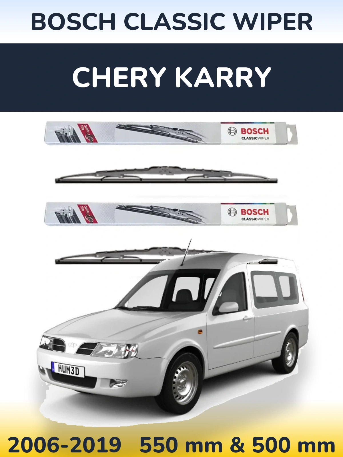 Front wiper blade set BOSCH Classic Wiper 550 & 500 mm for Chery Karry 2006-2019
