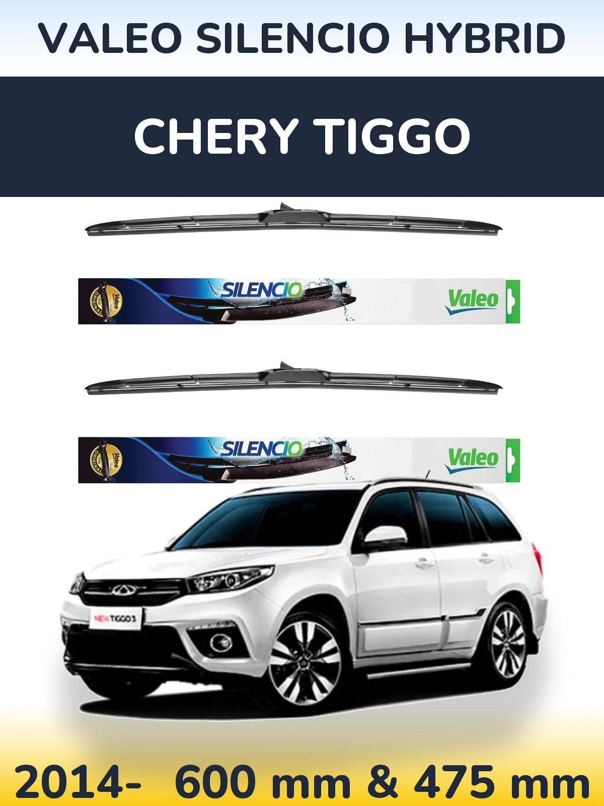 Front wiper blade set Valeo Silencio Hybrid 600 & 475 mm for Chery Tiggo 2014-2026