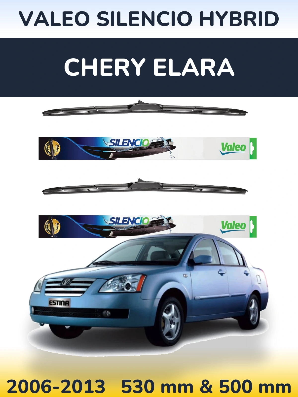 Front wiper blade set Valeo Silencio Hybrid 530 & 500 mm for Chery Elara 2006-2013