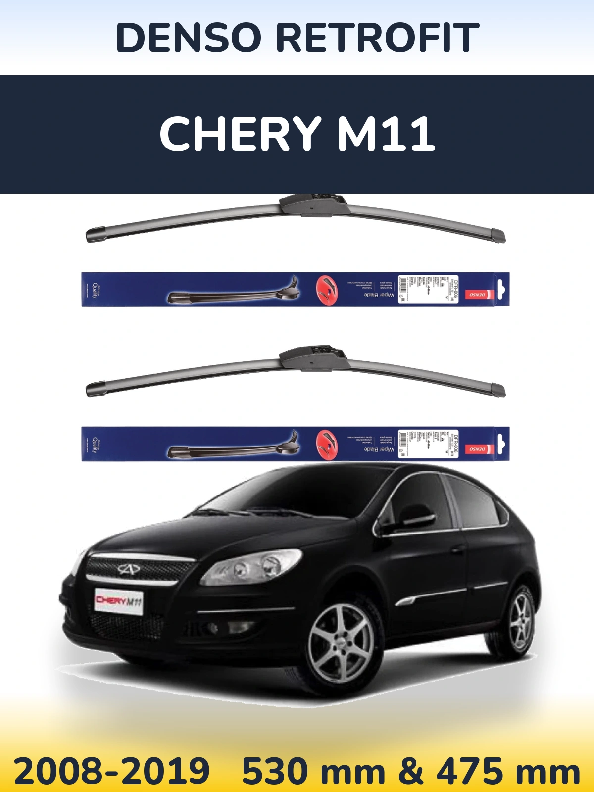 Front wiper blade set Denso Retrofit 530 & 475 mm for Chery M11 2008-2019