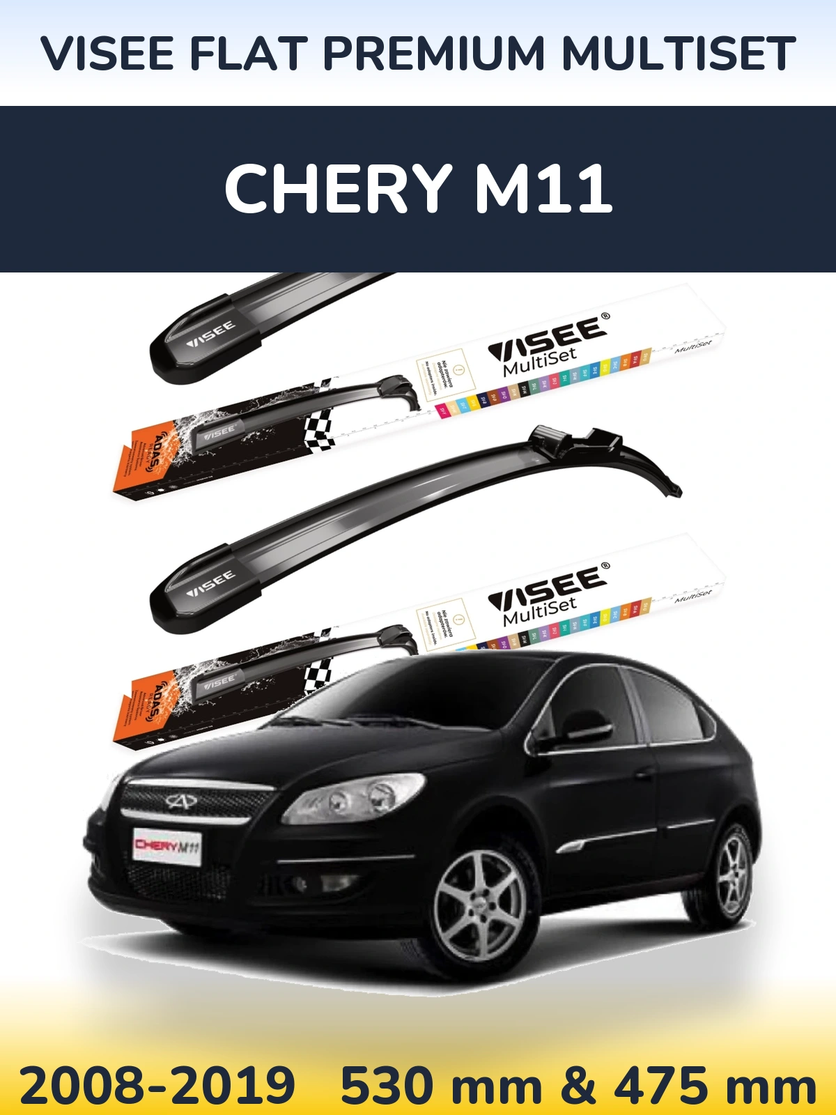 Front wiper blade set VISEE FLAT PREMIUM MultiSet 530 & 475 mm for Chery M11 2008-2019