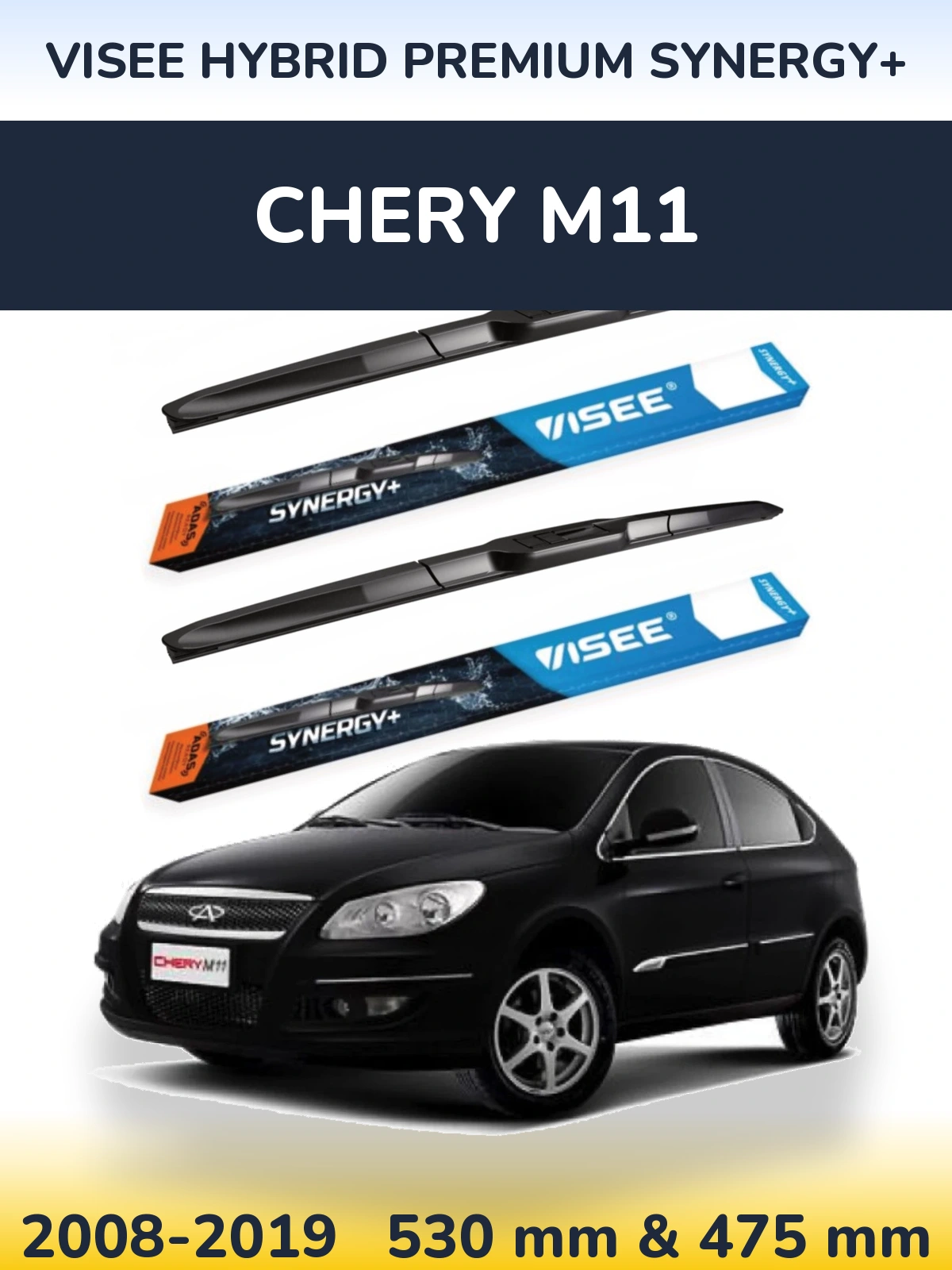 Front wiper blade set VISEE HYBRID PREMIUM SYNERGY+ 530 & 475 mm for Chery M11 2008-2019