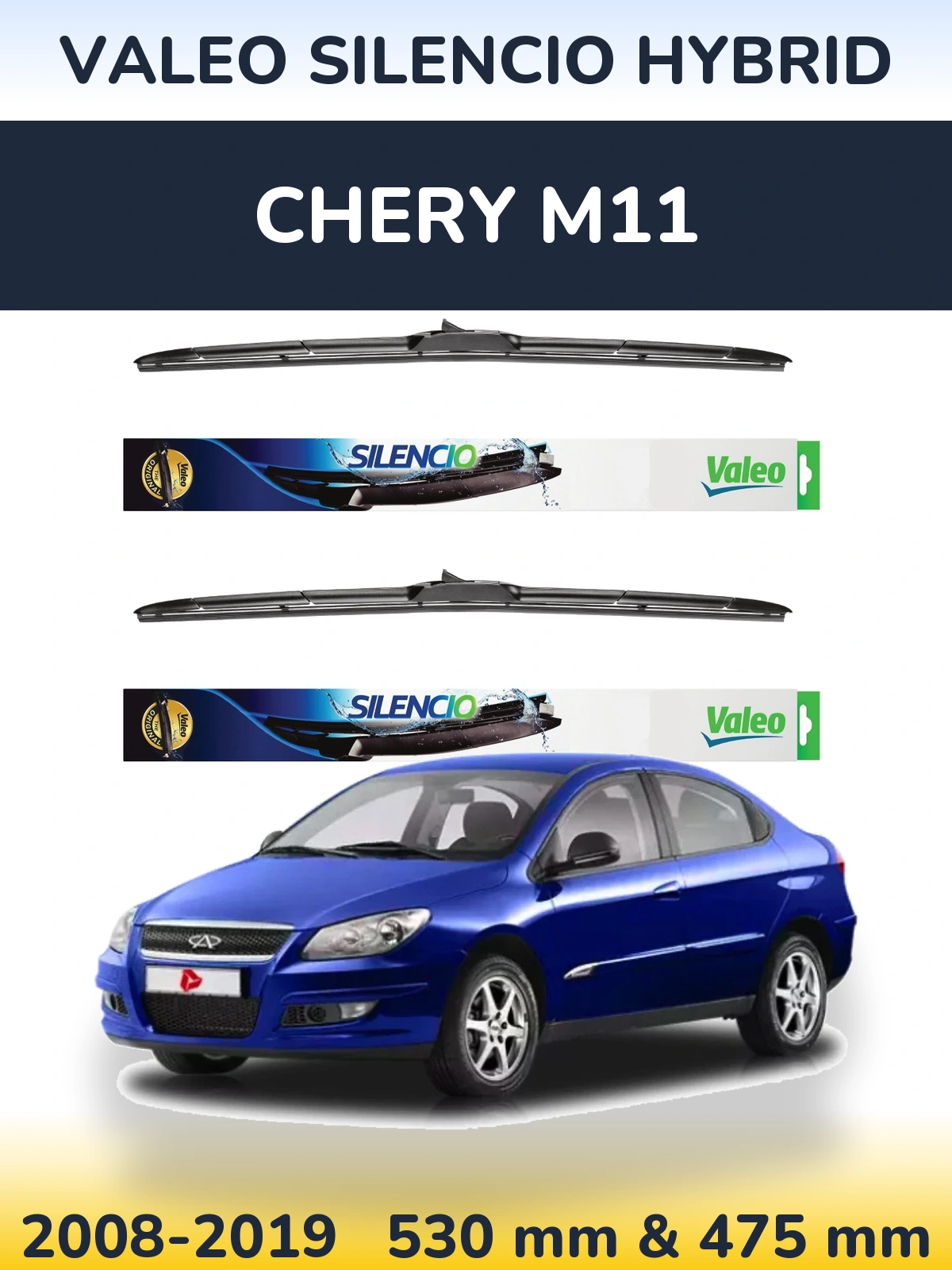 Front wiper blade set Valeo Silencio Hybrid 530 & 475 mm for Chery M11 2008-2019