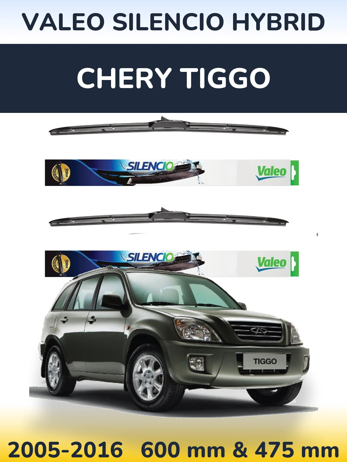 Front wiper blade set Valeo Silencio Hybrid 600 & 475 mm for Chery Tiggo 2005-2016
