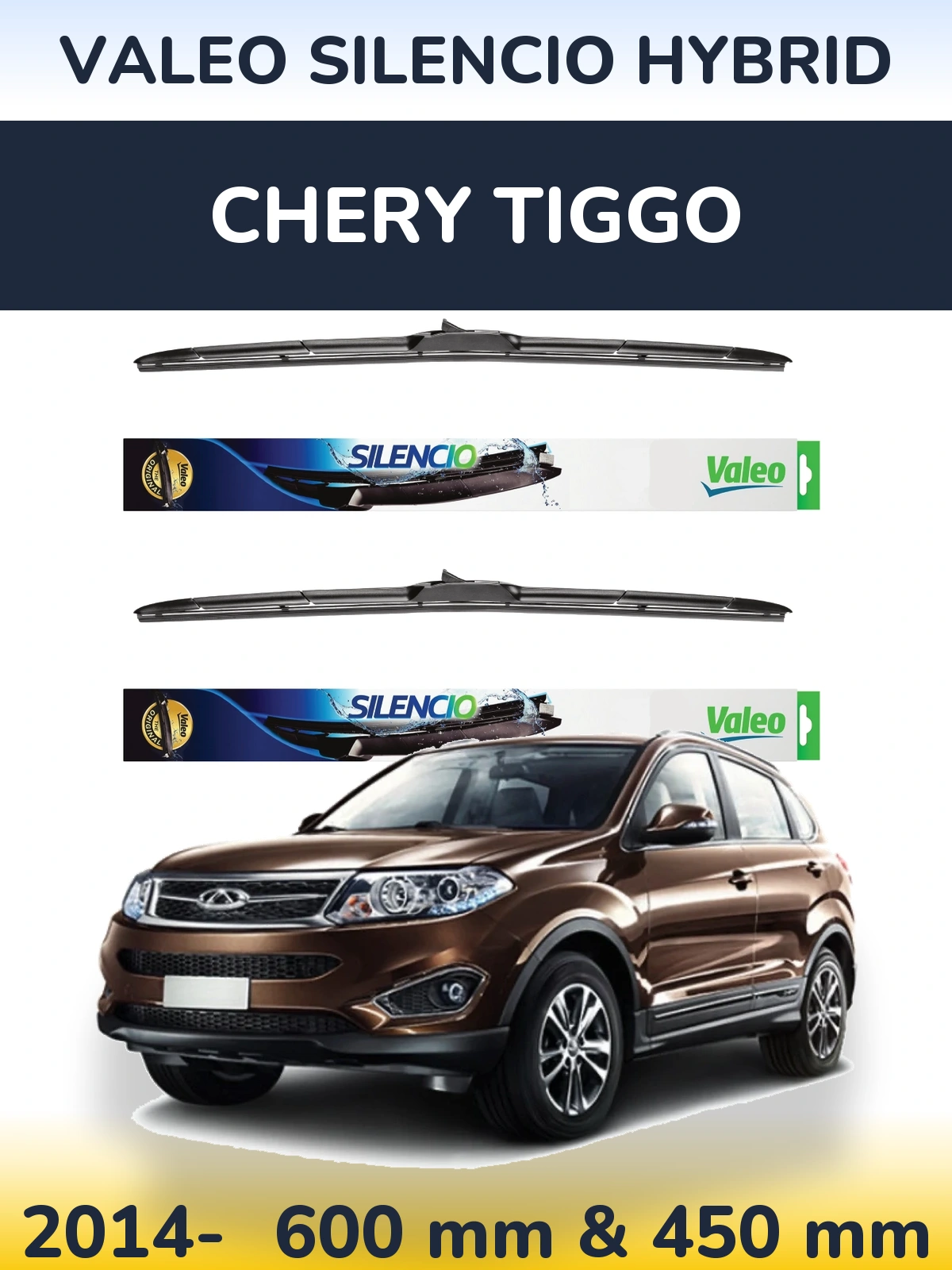Front wiper blade set Valeo Silencio Hybrid 600 & 450 mm for Chery Tiggo 2014-2026