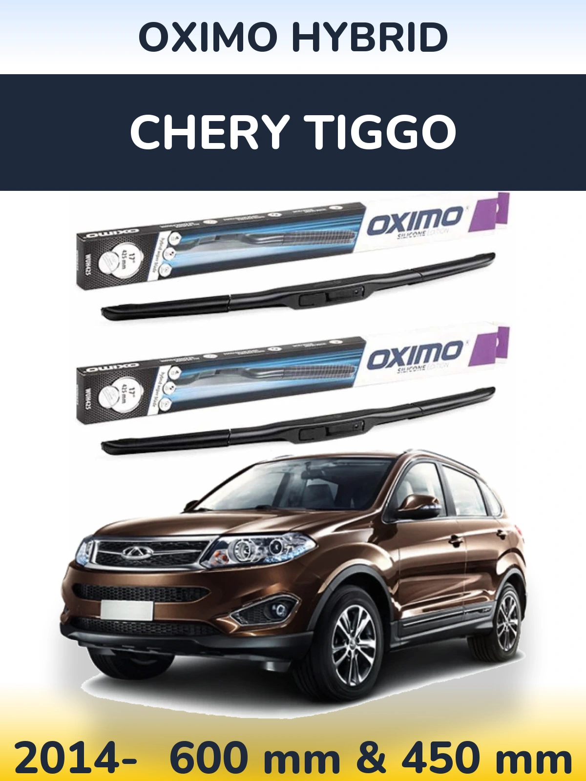Front wiper blade set Oximo Hybrid 600 & 450 mm for Chery Tiggo 2014-2026