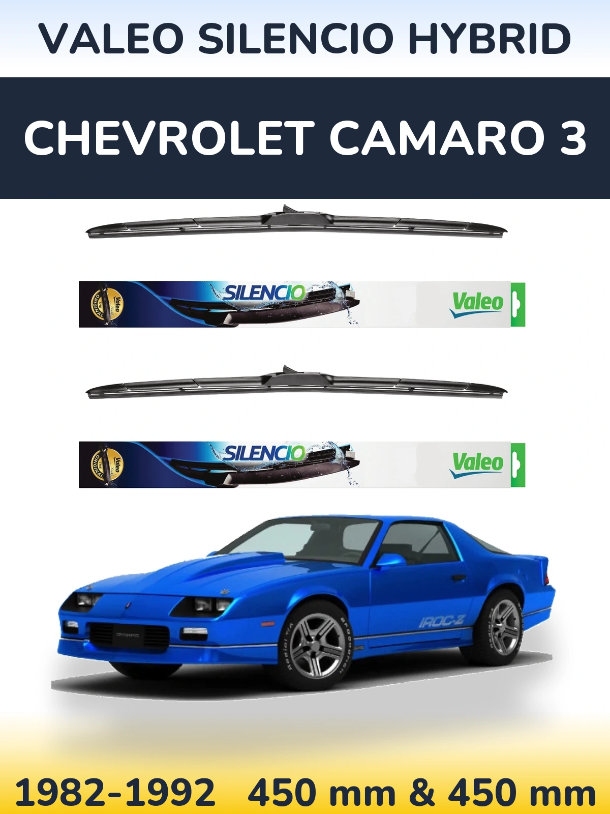 Front wiper blade set Valeo Silencio Hybrid 450 & 450 mm for Chevrolet Camaro 3 1982-1992