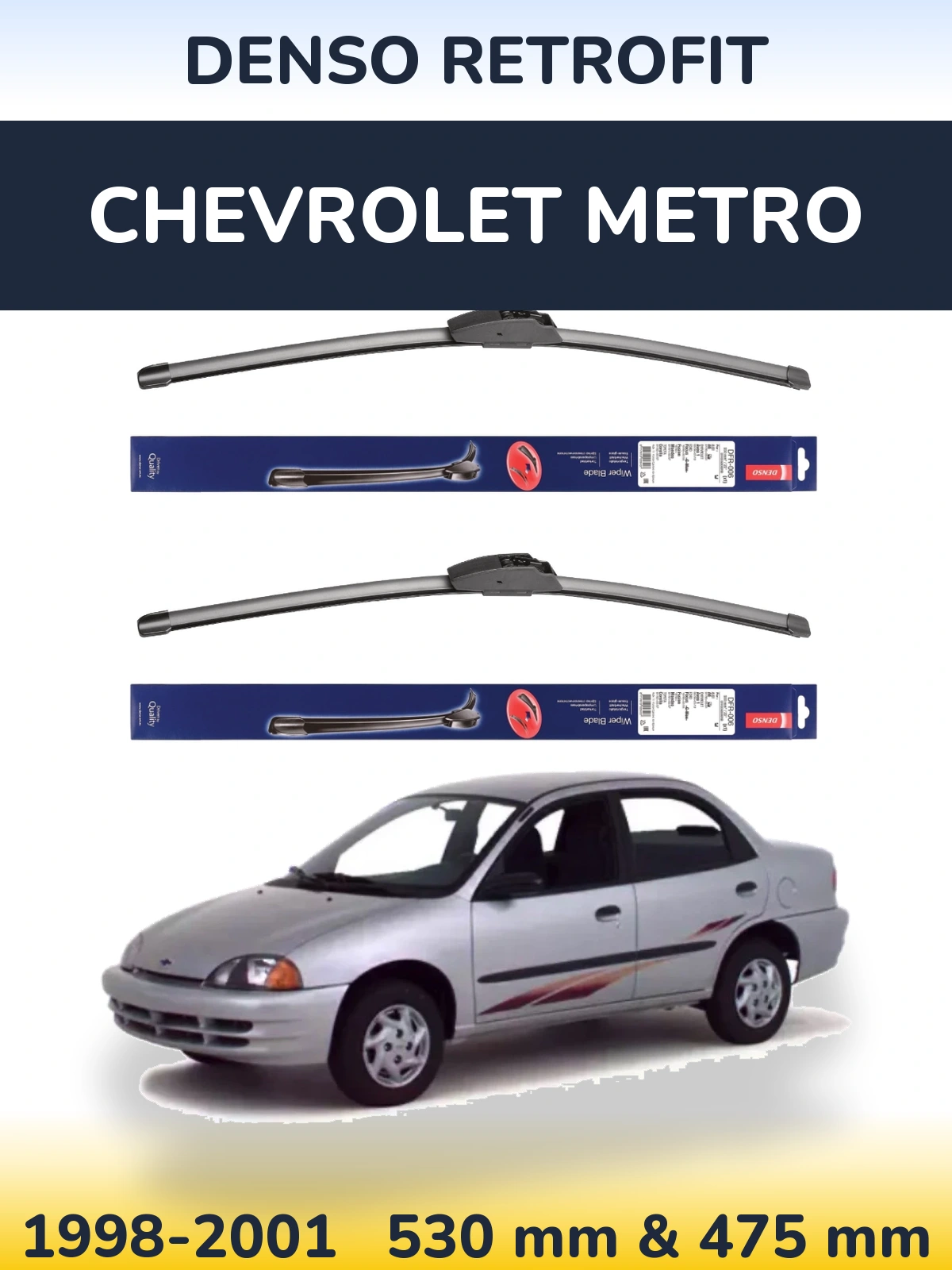 Front wiper blade set Denso Retrofit 530 & 475 mm for Chevrolet Metro 1998-2001
