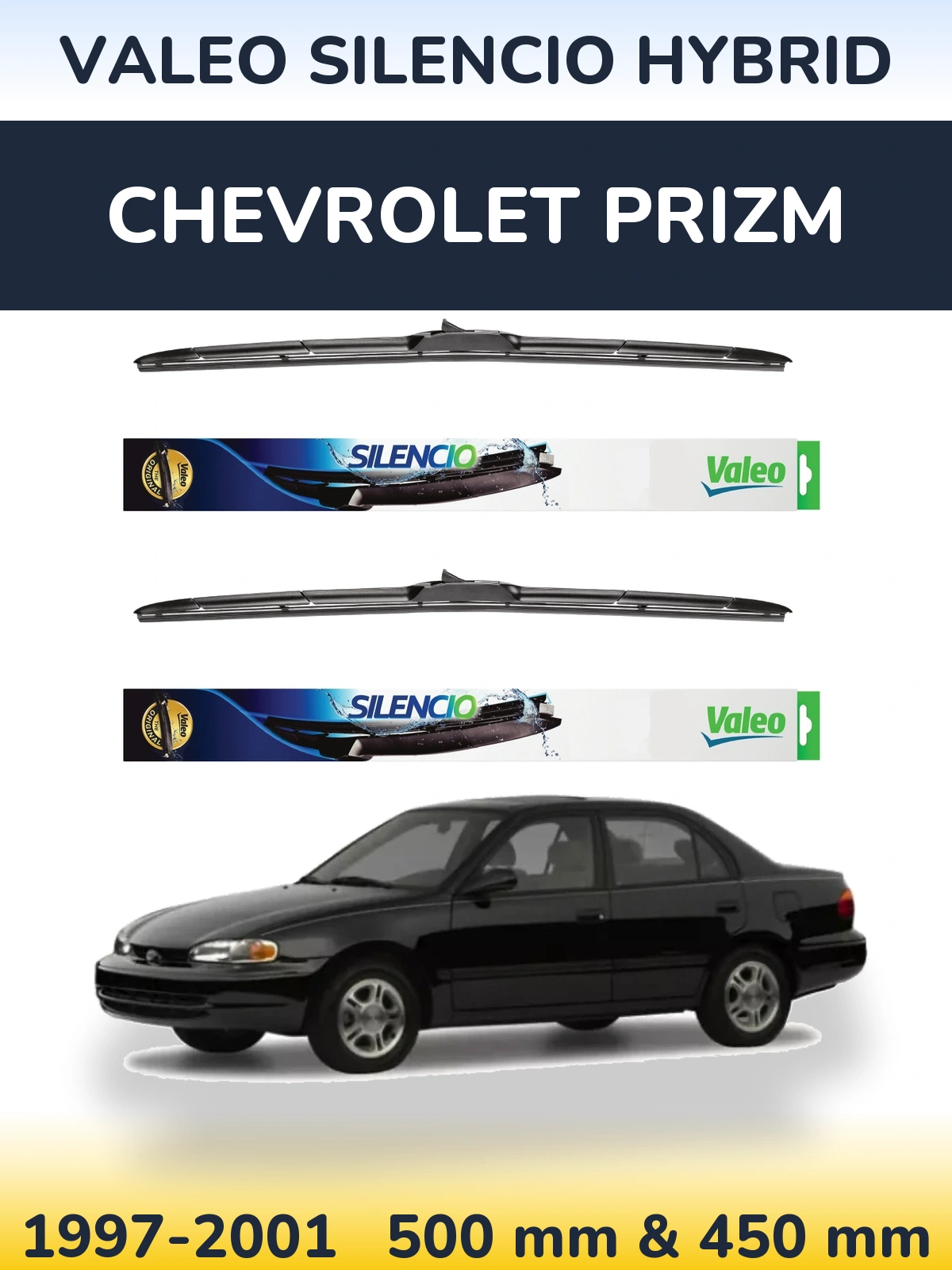 Front wiper blade set Valeo Silencio Hybrid 500 & 450 mm for Chevrolet Prizm 1997-2001