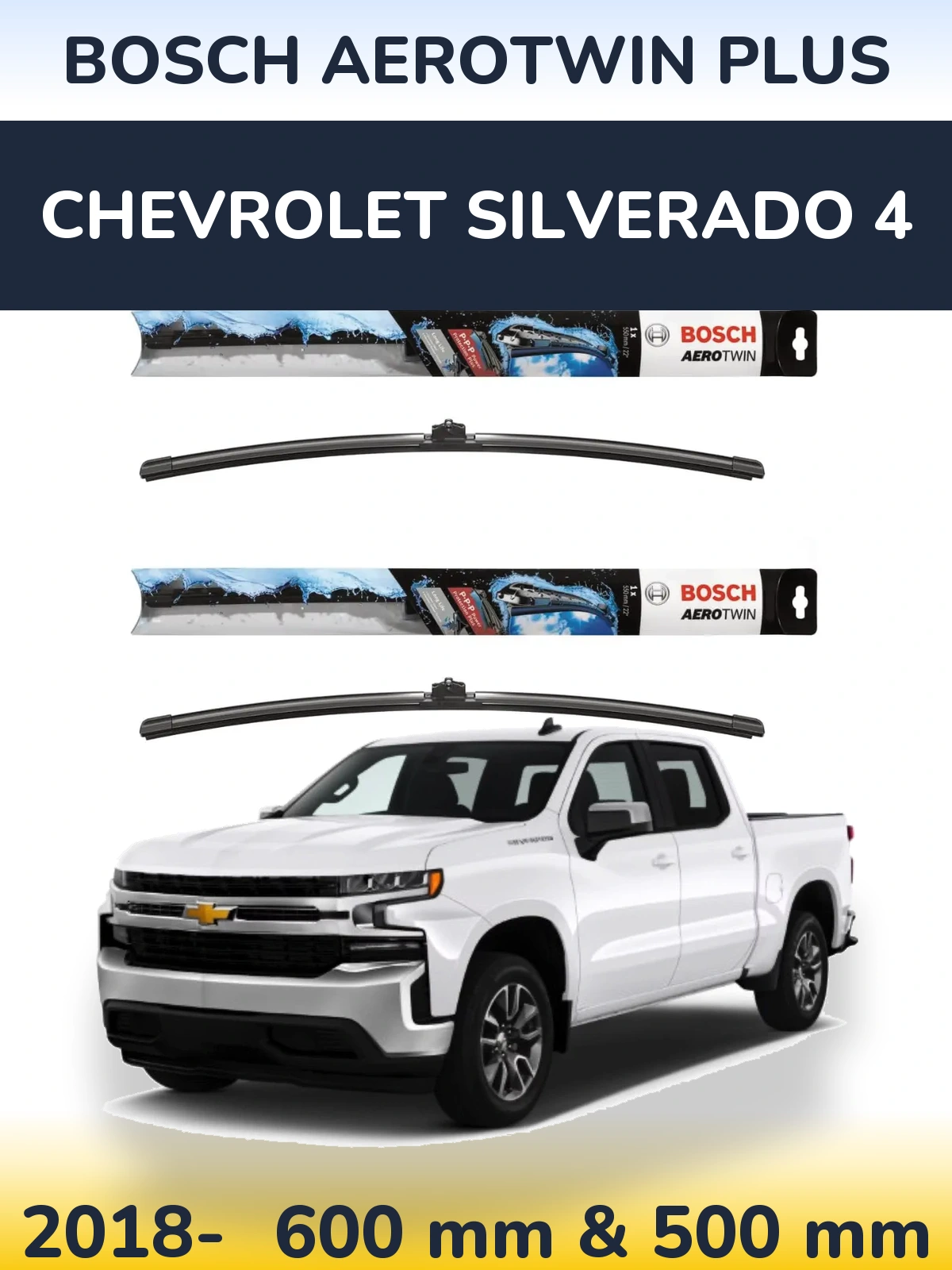 Front wiper blade set BOSCH AeroTwin Plus 600 & 500 mm for Chevrolet Silverado 4 2018-2026