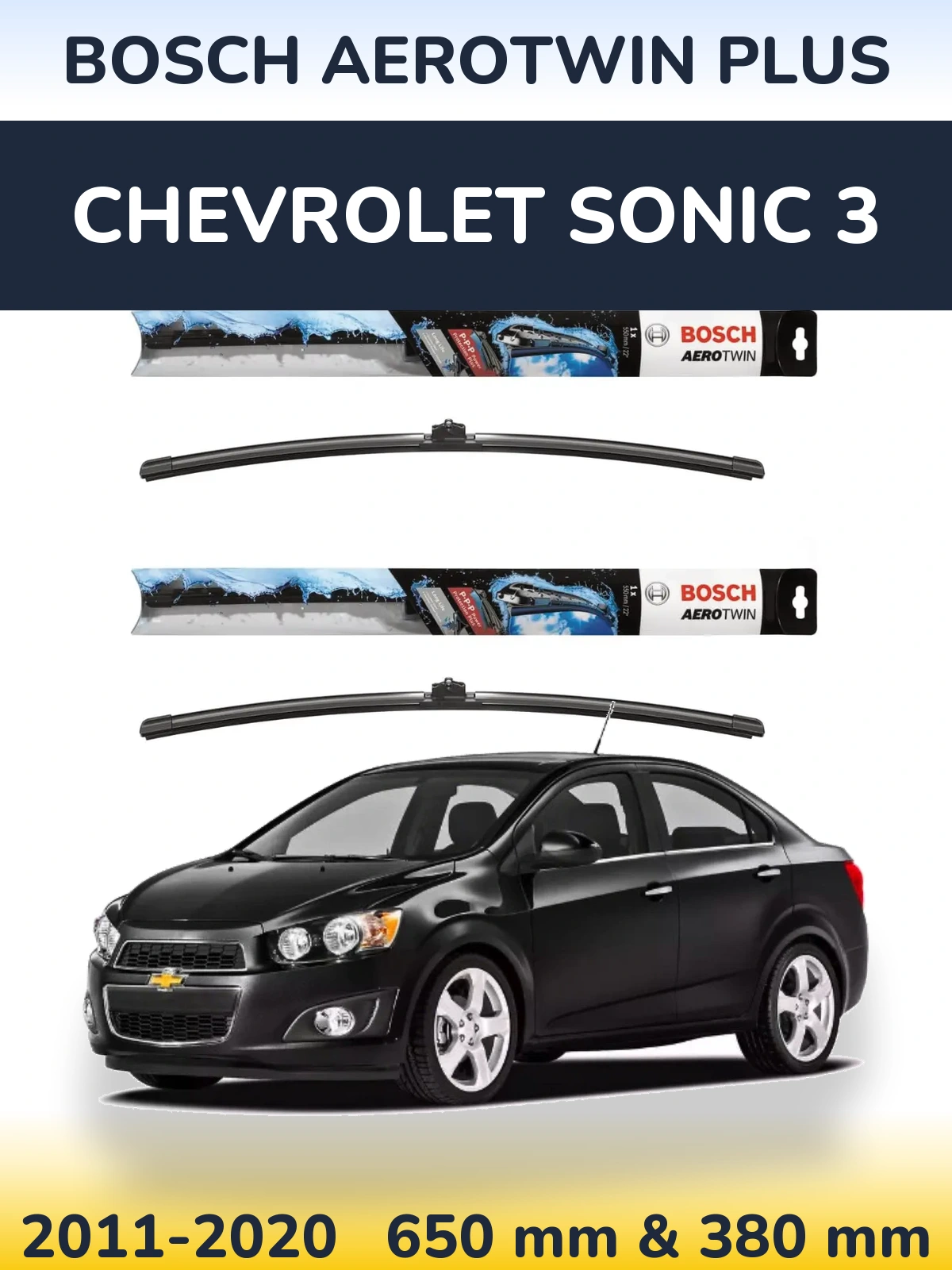 Front wiper blade set BOSCH AeroTwin Plus 650 & 380 mm for Chevrolet Sonic 3 2011-2020