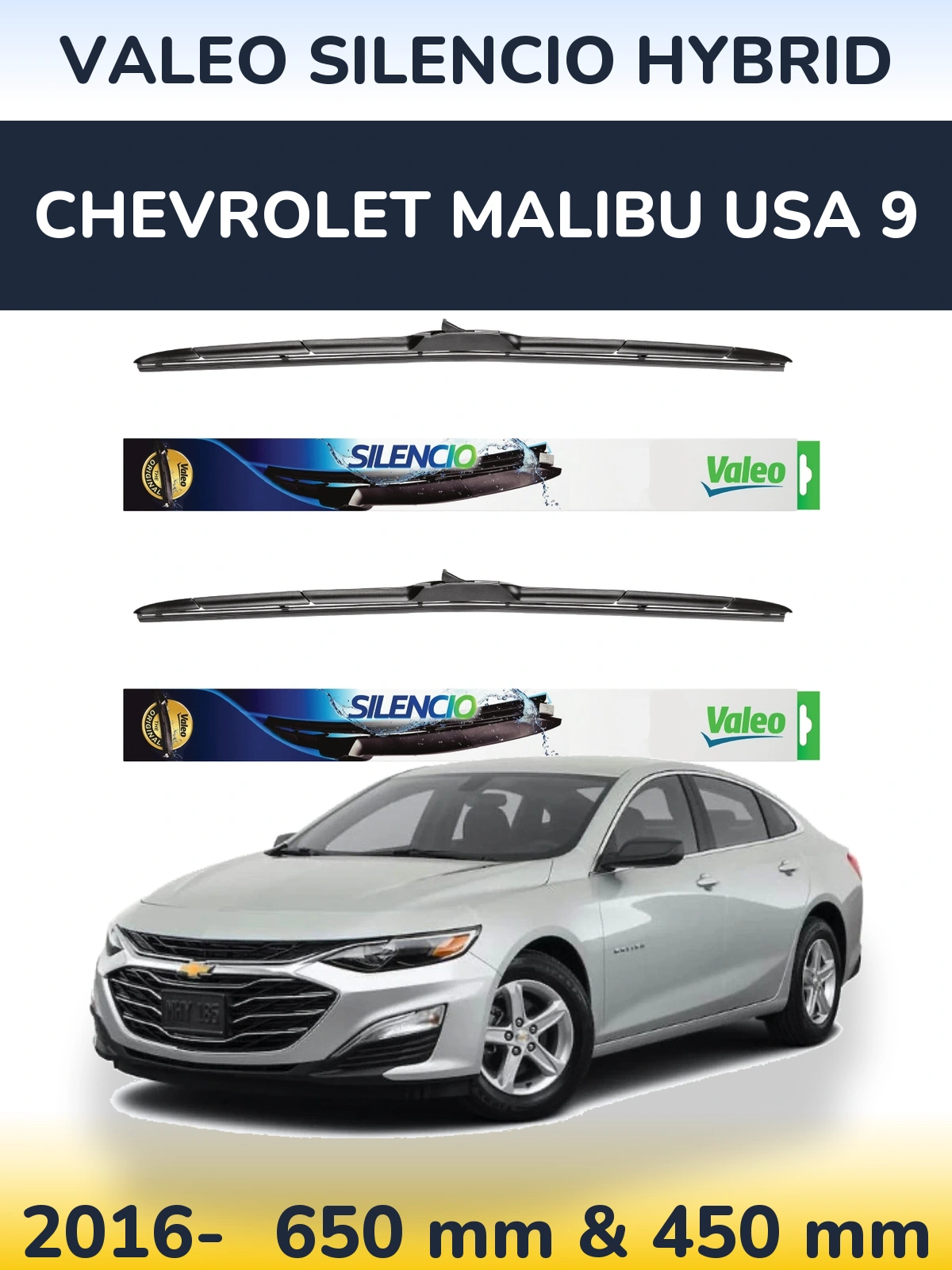 Front wiper blade set Valeo Silencio Hybrid 650 & 450 mm for Chevrolet Malibu USA 9 2016-2026