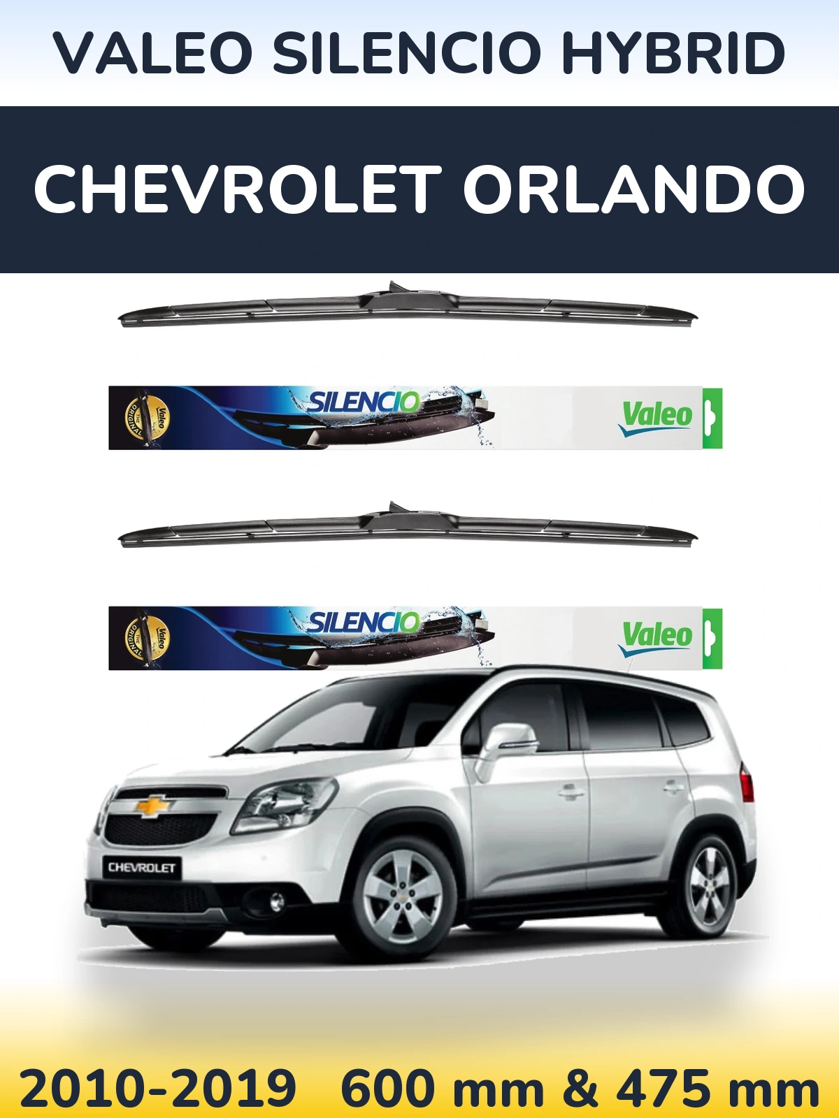 Front wiper blade set Valeo Silencio Hybrid 600 & 475 mm for Chevrolet Orlando 2010-2019