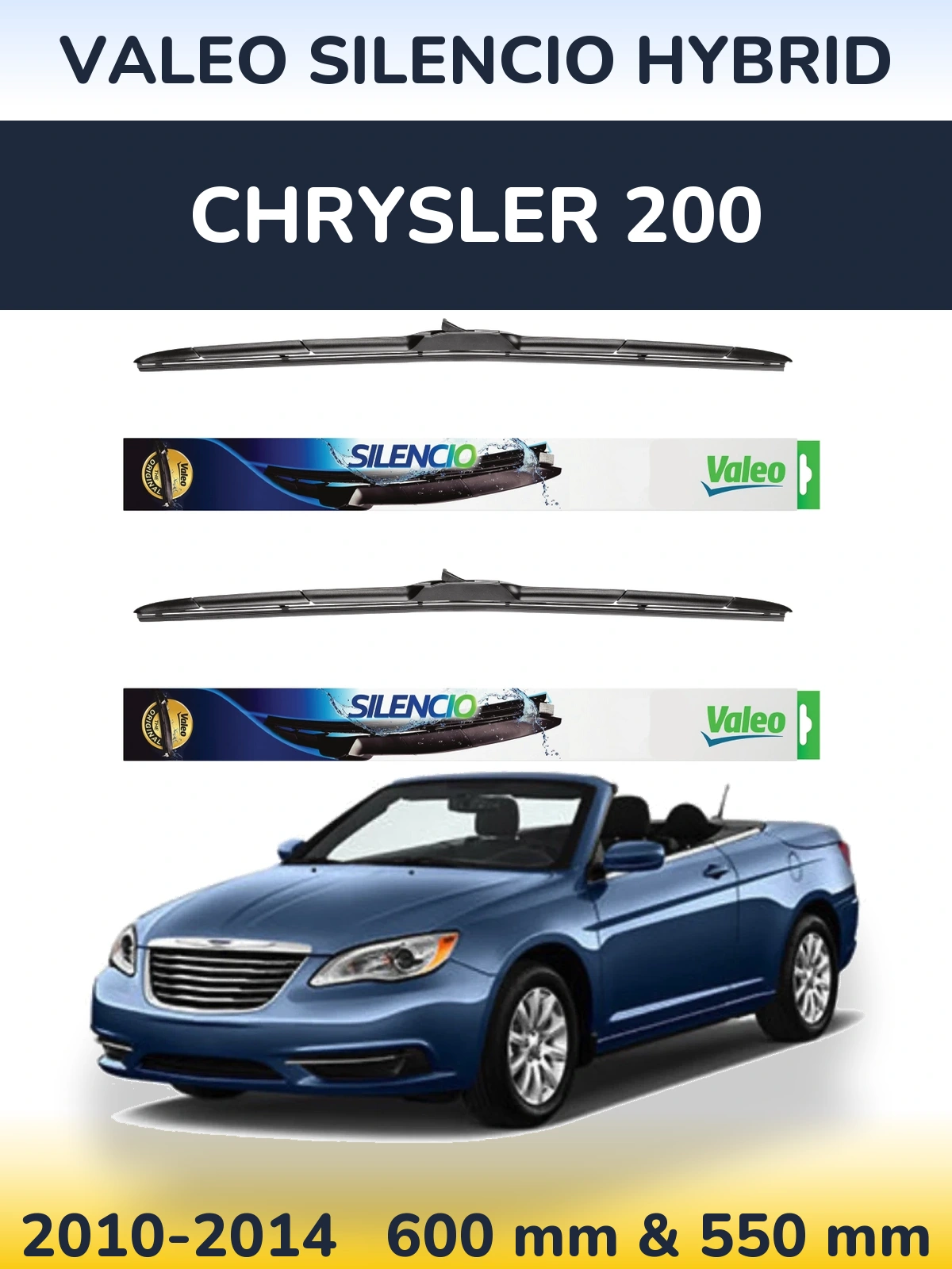 Front wiper blade set Valeo Silencio Hybrid 600 & 550 mm for Chrysler 200 2010-2014