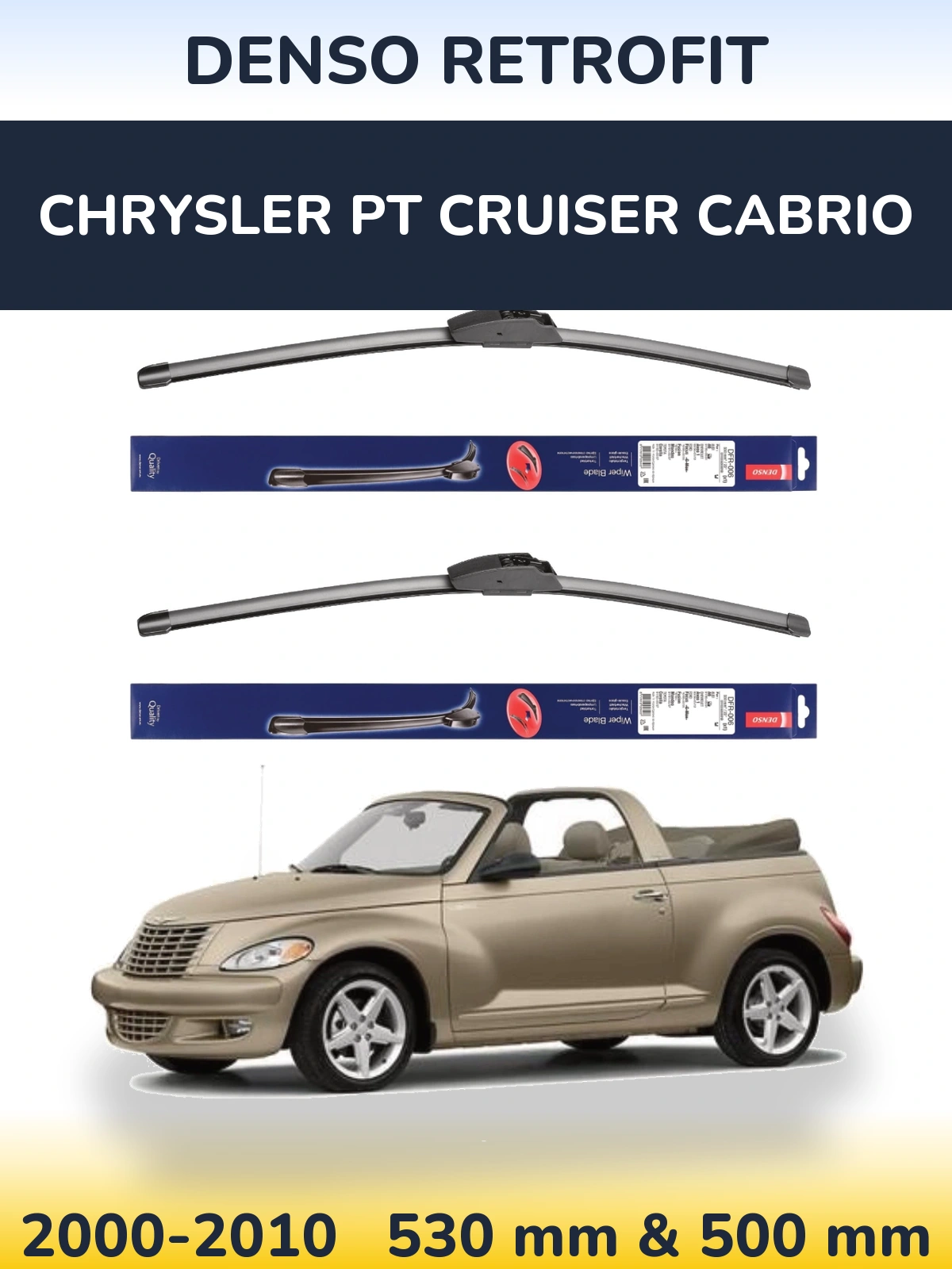 Front wiper blade set Denso Retrofit 530 & 500 mm for Chrysler PT Cruiser Cabrio 2000-2010