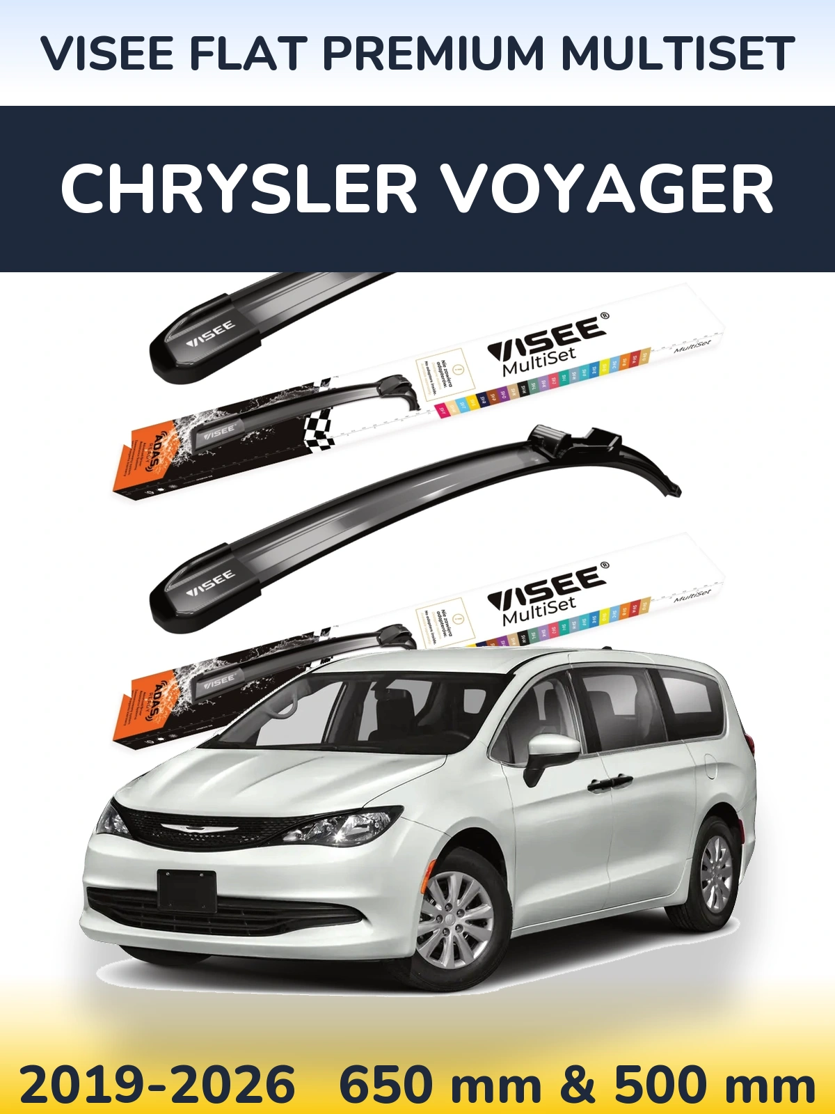 Front wiper blade set VISEE FLAT PREMIUM MultiSet 650 & 500 mm for Chrysler Voyager 2019-2026