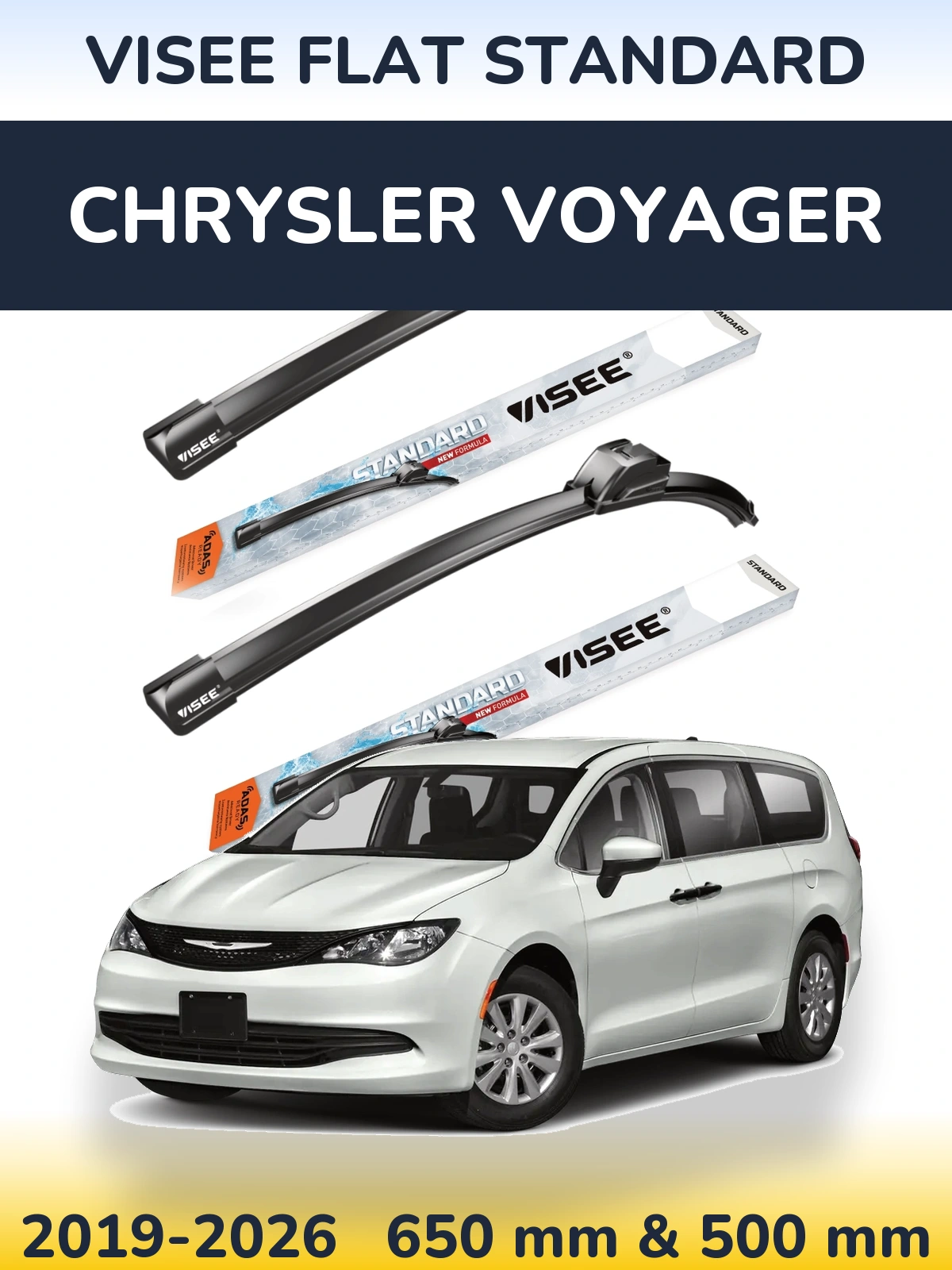 Комплект передніх щіток VISEE FLAT STANDARD 650 & 500 мм для Chrysler Voyager 2019-2026