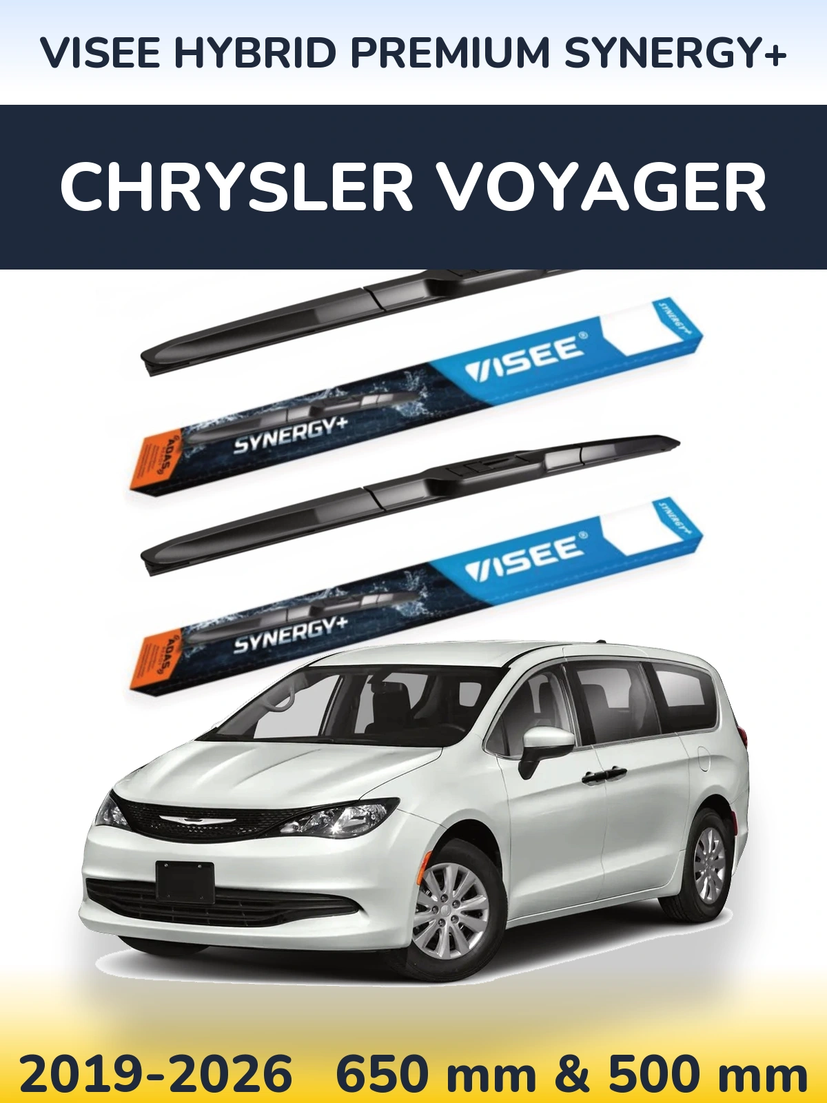 Front wiper blade set VISEE HYBRID PREMIUM SYNERGY+ 650 & 500 mm for Chrysler Voyager 2019-2026