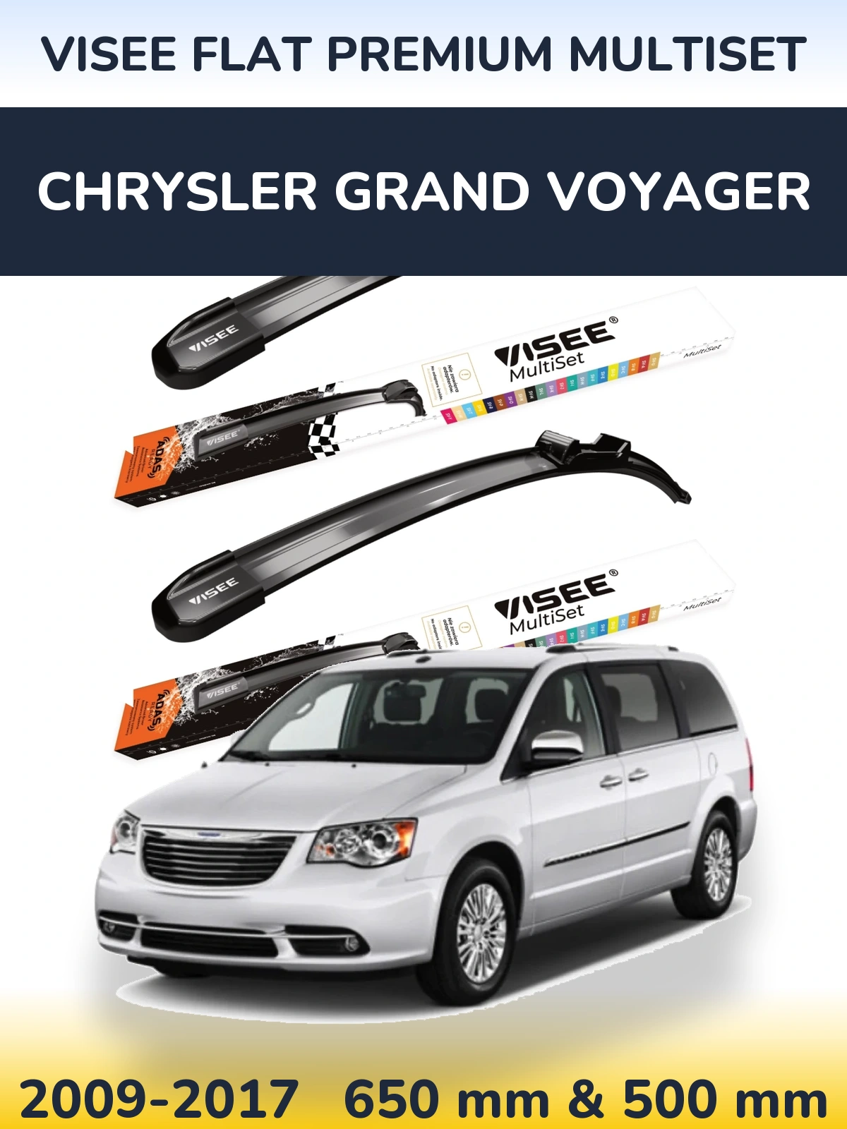 Front wiper blade set VISEE FLAT PREMIUM MultiSet 650 & 500 mm for Chrysler Grand Voyager 2009-2017
